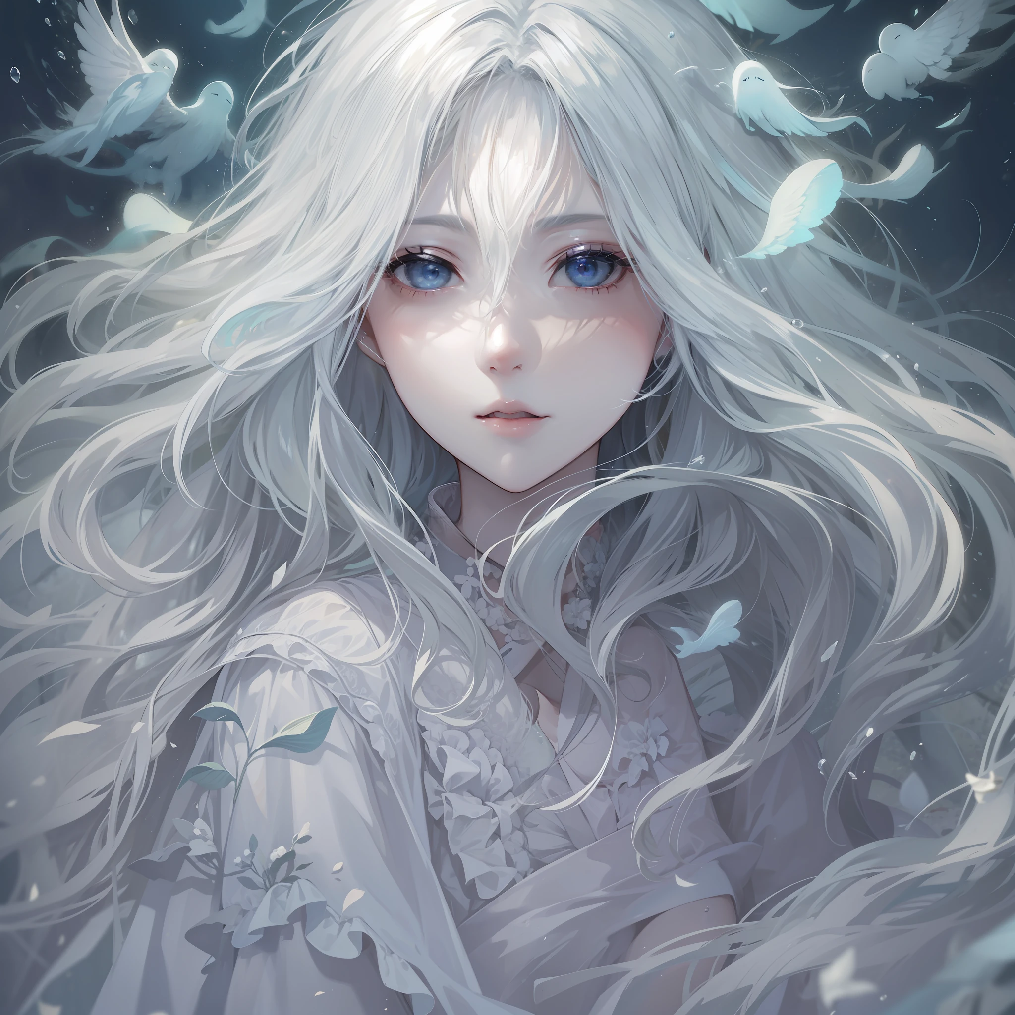 Girl in a dream。I have long silver hair。I'm dressed as a ghost。I'm looking languidly。It is an illustration of the highest quality。It is a beautiful illustration