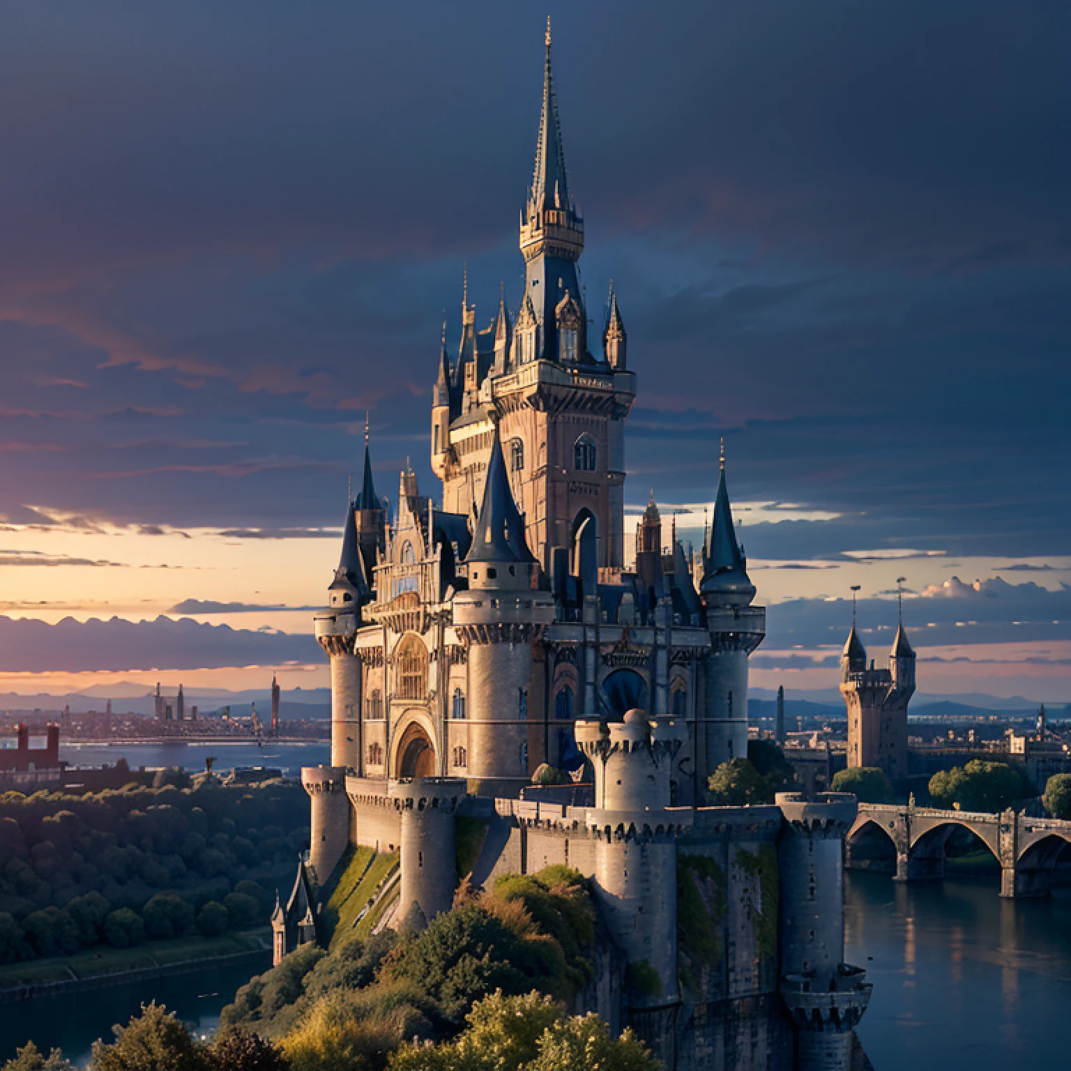 There is a castle with a bridge，There is a bridge in front, Royal steampunk castle, Magnificent Gothic architecture, angle of view, in a panoramic view, Wide shot, Atmospheric perspective, Wide-angle, Interior architecture, Gothic art, classicism, Masterpiece, Super detail，Blue roof