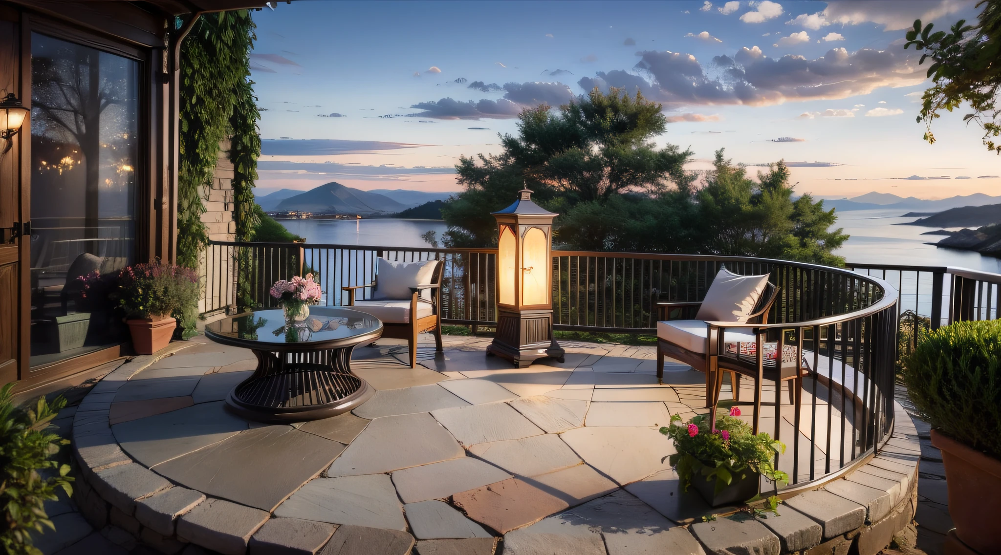 There is a table set with plates and placement settings, Quiet and peaceful style, Unreal Engine ; romantic theme, beautiful place, unreal 5 engine highlly render, Cozy and peaceful atmosphere, quiet and serene atmosphere, beautful view, beautiful setting, 32K rendered in Unreal Engine, rendered in rtx, A luxurious setting, paradise in the background,real,32k