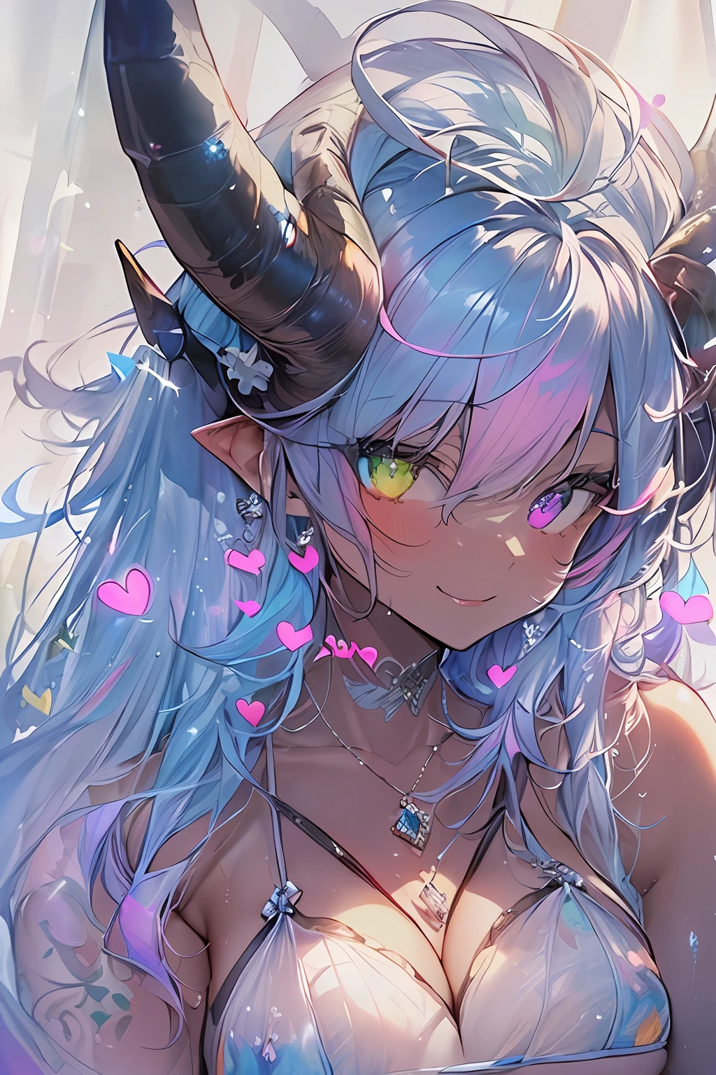 ((masutepiece, of the highest quality, Watercolor art (Pendants), Beautiful and aesthetic: 1.2)), (Golden ratio: 1.2), (Full body: 1.2), (Super Detail: 1.3), (1 girl: 1.3), (Fractal Art: 1.3), Full body, (Glitter Pupil)), patterns, (Iridescent hair, Colorful hair, Half light blue and half pink hair: 1.2)), Colorful, Writing, (Heterochromia), (Colorful: 1.5), (((Shy face)), ((Micro Bikini)), (full body Esbian), (Hyper-detailing), ((delicate detail)), (intricate-detail), ((Cinematic Light, Highest quality backlight)), High contrast, ((The best lighting, Very delicate and beautiful)), (( Cinematic Light)), (ray trace reflection, Glow), (((glowing aura)), ((Glowing hair)), ((Super Detail)), (8K)), ((a closeup)), ((Brown skin)), (Showering), ((Seductive smile)) ,((high angle full body shot)),(NSFW:1.5),completely,((Demon Girl, demonic horns, demon tail, Devil's Wings, pube_The tattoo, Heart-shaped pupil))、(black feathers on the back,,,,)