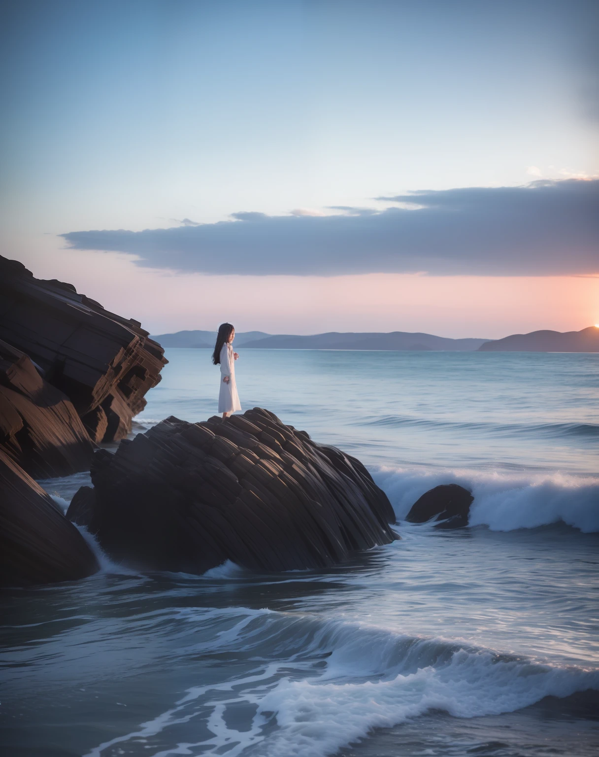 On the rocks by the sea stood a young girl of good stature, standing on the sea side, posing on a beach with the ocean, girl looking at the ocean waves, standing on the rock, standing at the beach, Inspired by Itō Shinsui, taken with canon 5d mk4, taken with canon eos 5 d mark iv, photo taken with canon 5d