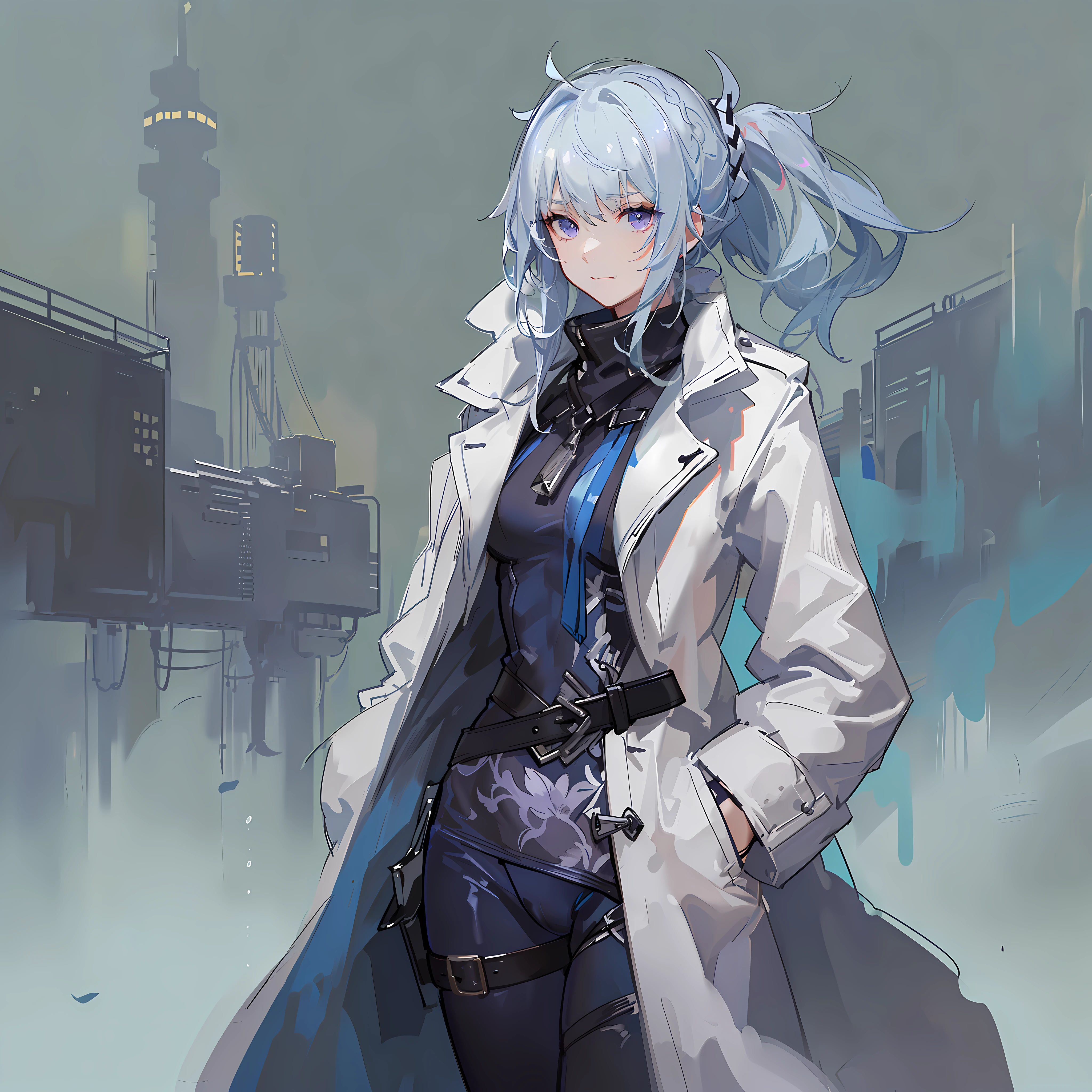 Girl with blue and white hair,Wearing a thick white coat,Large lapels,Black underwear,Purple eyes,Industrial-style clothing,From the maiden front,From the Ark of Tomorrow,Blue strap decoration,Bust,Half-buttoned coat,Tung with high ponytail hair,Small,solo person,White half-buttoned coat,Mature girl