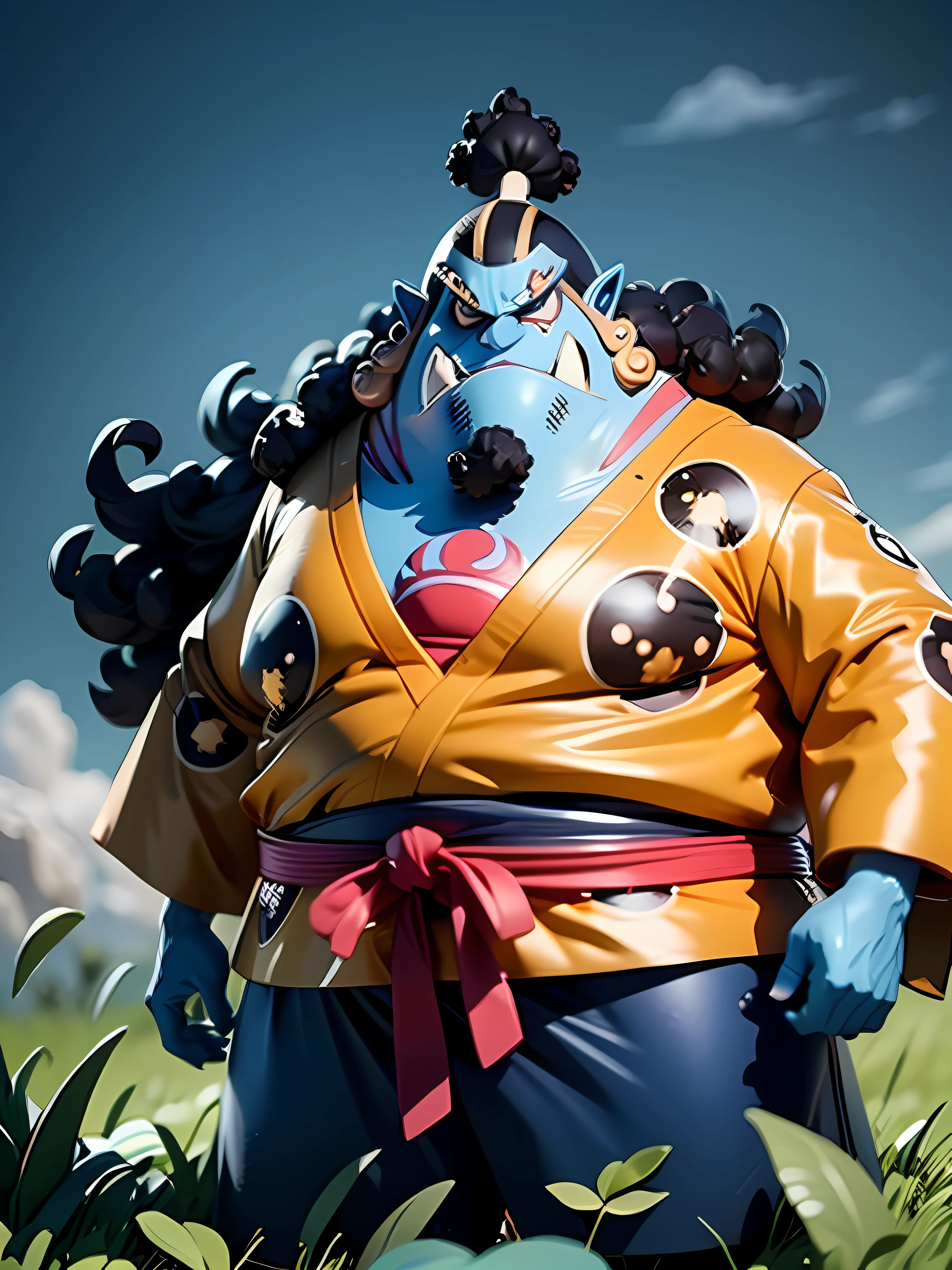 masterpiece, best quality, ultra-detailed, jinbei, jinbei oyabun 1boy, solo, Full body, smile, blue skin, wearing suits, detailed face, day, full body, looking at viewer, male focus, open fields, grass, perfect hands, perfect face, background japanese traditional house