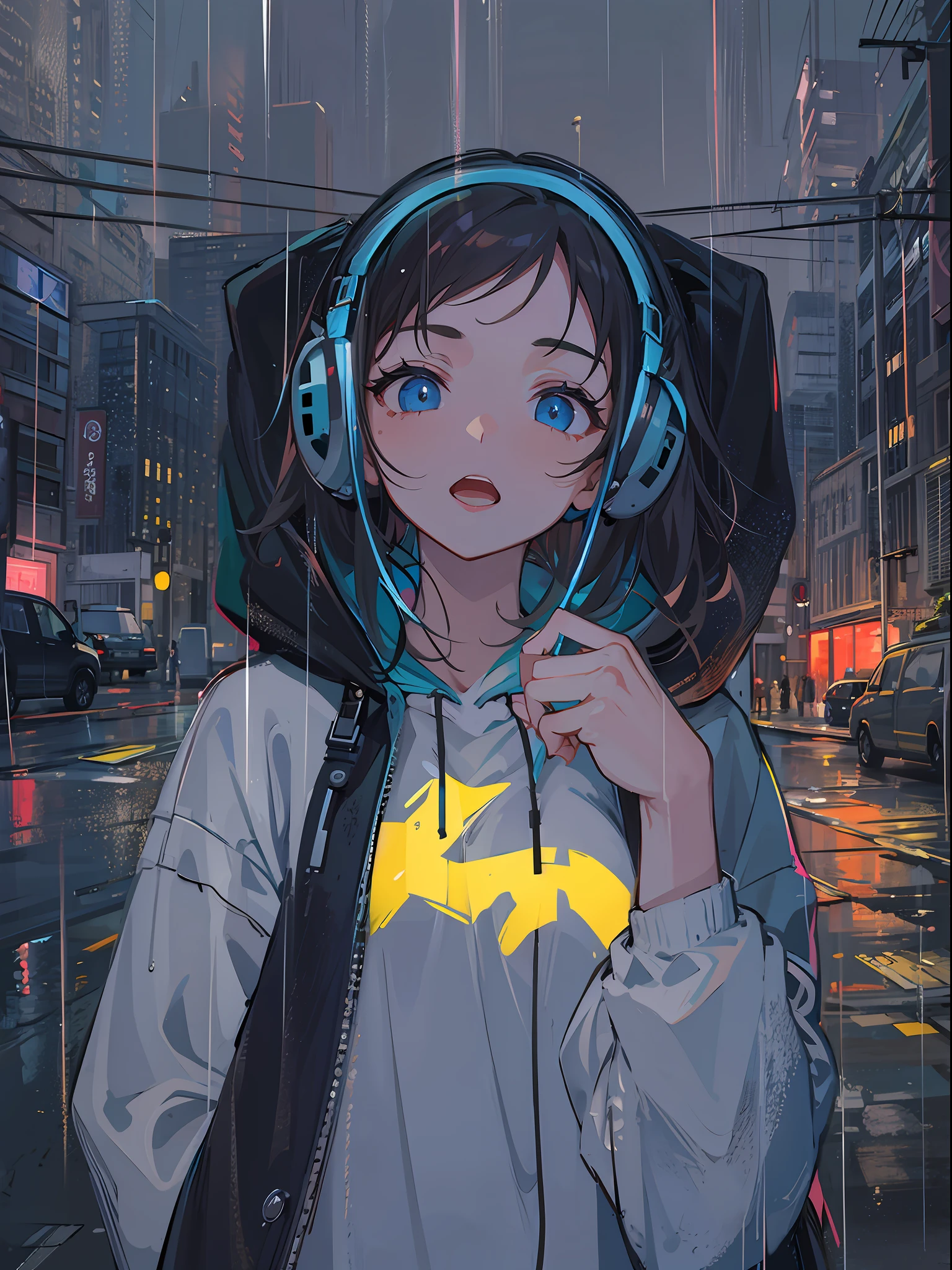 masterpiece, girl alone, solo, incredibly absurd, hoodie, headphones, street, outdoor, rain, neon,