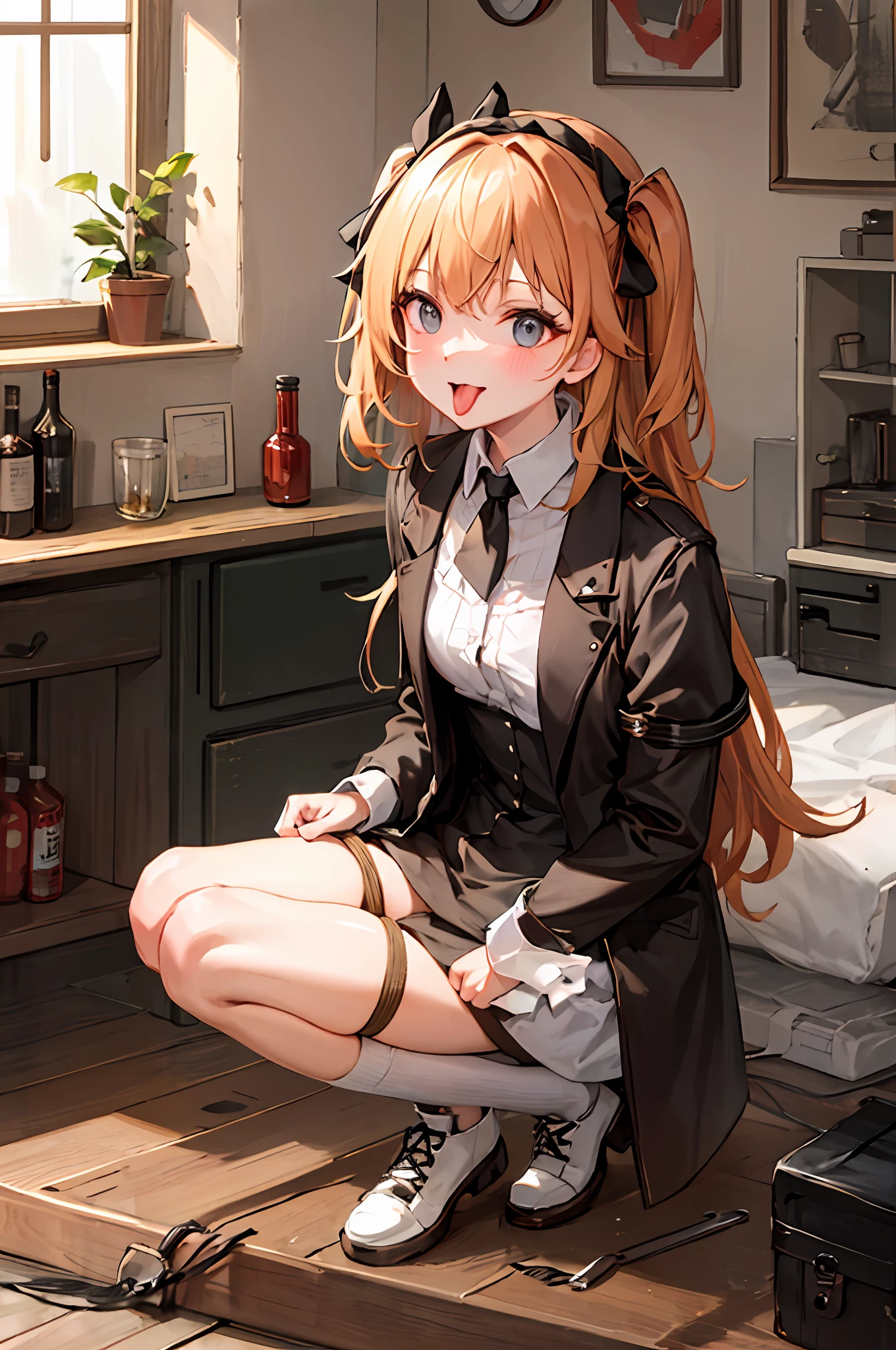 blond hairbl,exquisite face,Tie with a rope,Knelt,Home background,Open-mouthed,and the tongue sticks out,Bondage