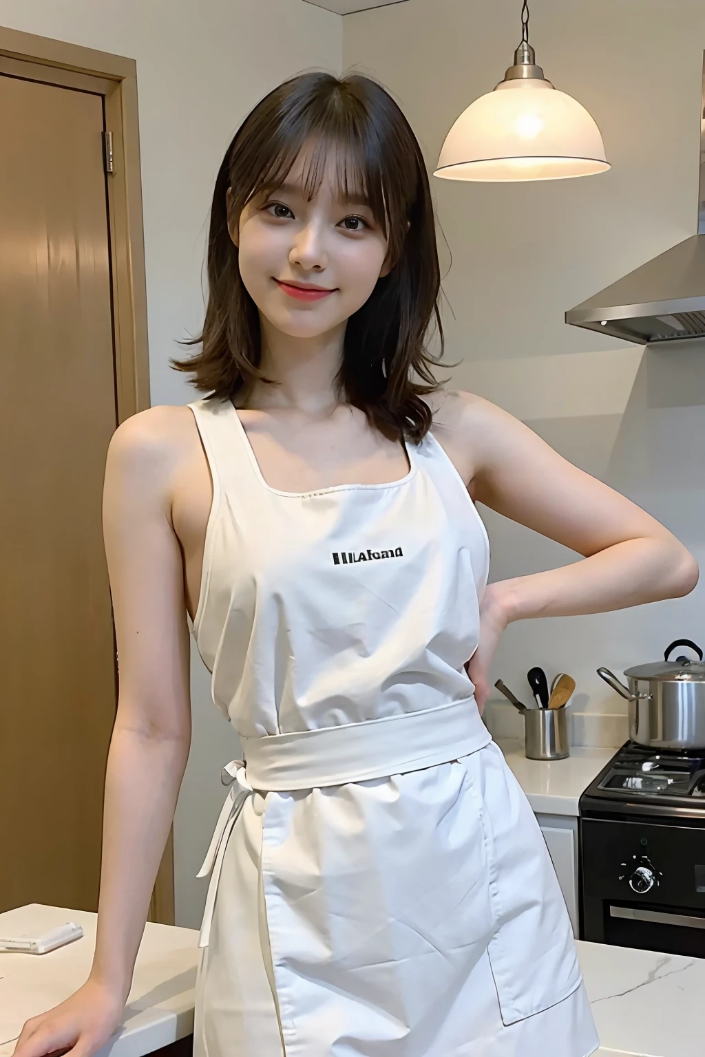 a woman is cooking、(kitchin_Apron:1.Wear 3)、Good Hand、4K、hight resolution、​masterpiece、top-quality、Cap:1.3、((Hasselblad photo))、Fine skin、foco nítido、(lighting like a movie)、Soft lighting、dynamic ungle、[:(详细的脸:1.2):0.2]、Medium chest、sweats streamed skin:1.2、(((In the kitchen))) A smile　Beautiful profile　Colossal tits　Beautiful body　Tying hair　Wide background々and a luxurious living room　Luxurious and luxurious living　Luxurious living room　Beautiful living room　Beautiful living room　A smile　an orange　lemons　A smile　Laughing　banana in　pineapple　Luxurious room　beautiful  lighting　Beautiful lighting　Very large room　very high image quality　very high res　8k Photos　Viewer's Perspective　Very gorgeous kitchen　Luxury Kitchen　white tank tops　White Apron　Millionaire Kitch