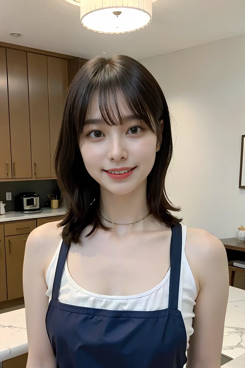 a woman is cooking、(kitchin_Apron:1.Wear 3)、Good Hand、4K、hight resolution、​masterpiece、top-quality、Cap:1.3、((Hasselblad photo))、Fine skin、foco nítido、(lighting like a movie)、Soft lighting、dynamic ungle、[:(详细的脸:1.2):0.2]、Medium chest、sweats streamed skin:1.2、(((In the kitchen))) A smile　Beautiful profile　Colossal tits　Beautiful body　Tying hair　Wide background々and a luxurious living room　Luxurious and luxurious living　Luxurious living room　Beautiful living room　Beautiful living room　A smile　an orange　lemons　A smile　Laughing　banana in　pineapple　Luxurious room　beautiful  lighting　Beautiful lighting　Very large room　very high image quality　very high res　8k Photos　Viewer's Perspective　Very gorgeous kitchen　Luxury Kitchen　white tank tops　White Apron　Millionaire Kitch