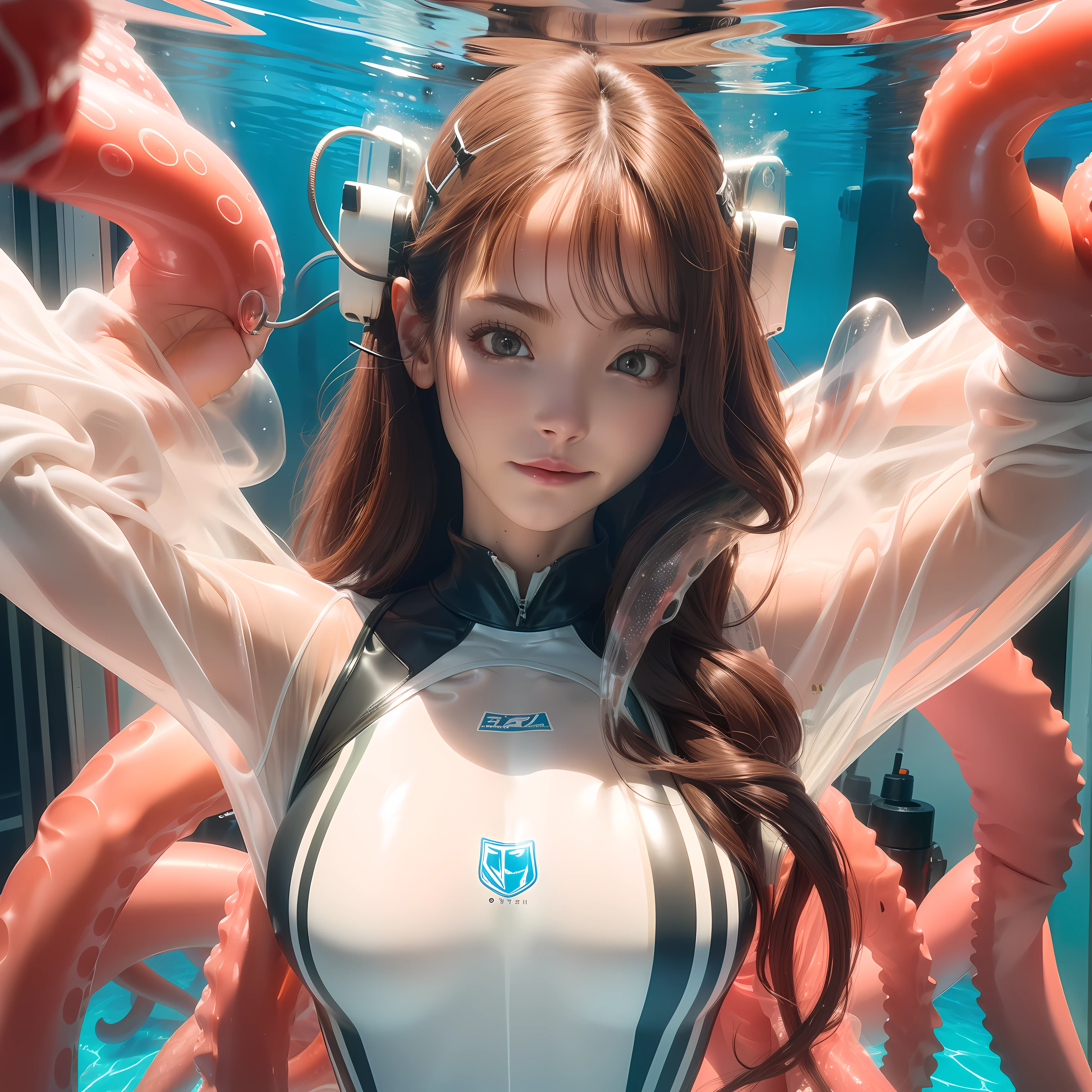 Under the water，Girl in transparent wetsuit，Oxygen cylinder in hand，The chest is large，Raised ，The transparent tentacles cling to the breast，Transparent tentacles stick out from the clothes，White tentacles reach behind you