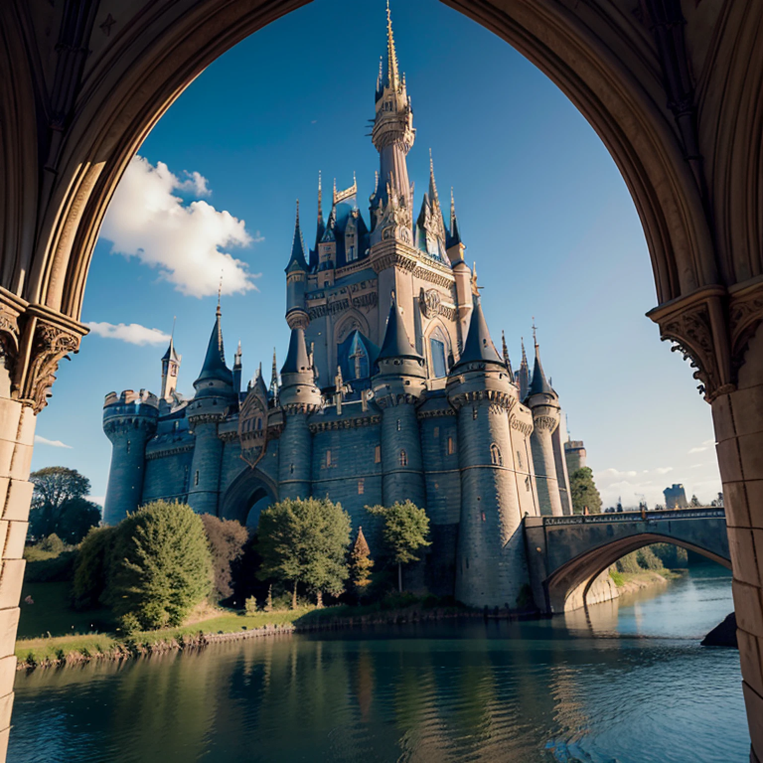 There is a castle with a bridge,There is a bridge in front, Royal steampunk castle, Magnificent Gothic architecture, angle of view, in a panoramic view, Wide shot, Atmospheric perspective, Wide-angle, Interior architecture, Gothic art, classicism, Masterpiece, Super detail,Blue roof