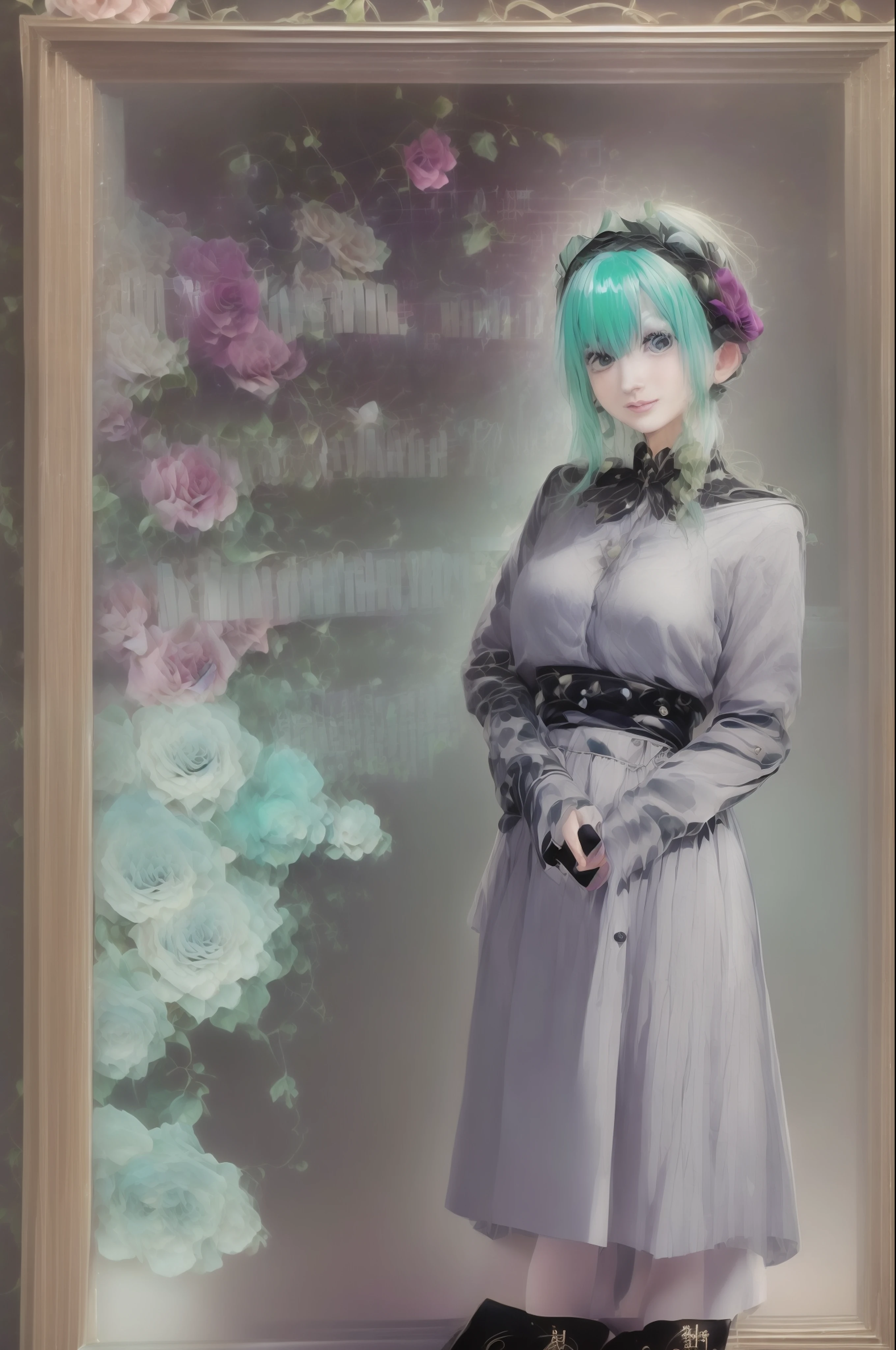 Photographic poster of beautiful women, Sony α7, 35mm Lens, f1.8、((Konmutsuki_gacha_series1, punk_rosette))), cute girl, aqua color flowers, (full body), elegant flowers background, realistic photo, beautiful woman, Beautiful girl, beautiful background, charming girls, realistic 3d style, photo realistic render