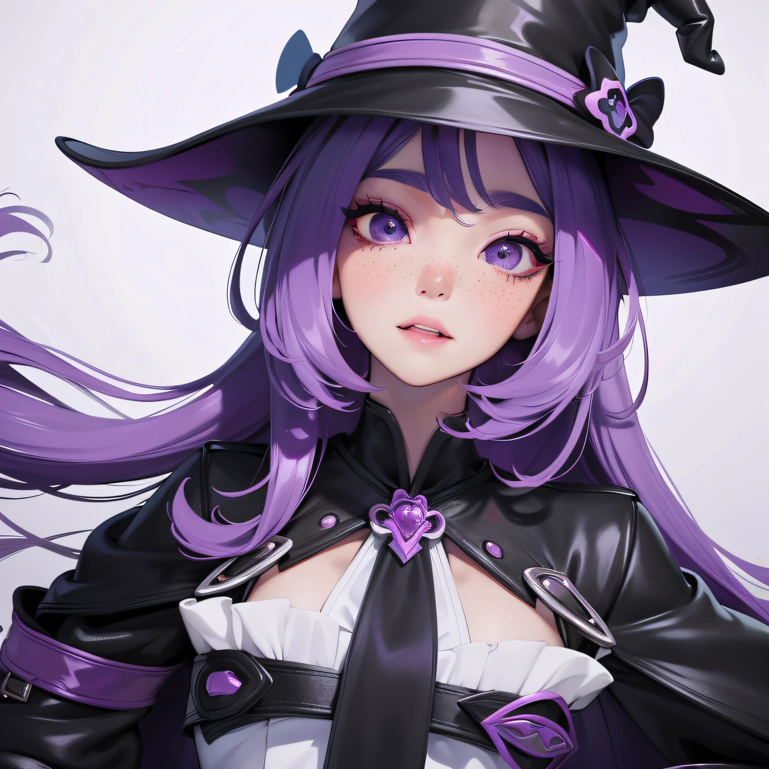 masterpiece, best quality, photo realistic, asda, face, 1girl, head, thick plump lips, small mouth, pastel purple hair,standing ,shiny skin, beautiful large anime eyes, purple eyes, black witch outfit, black with hat, white skin, freckles, teen face, 16 years old, kawaii,