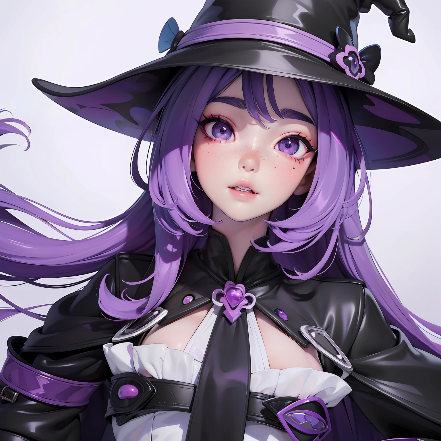 masterpiece, best quality, photo realistic, asda, face, 1girl, head, thick plump lips, small mouth, pastel purple hair,standing ,shiny skin, beautiful large anime eyes, purple eyes, black witch outfit, black with hat, white skin, freckles, teen face, 16 years old, kawaii,