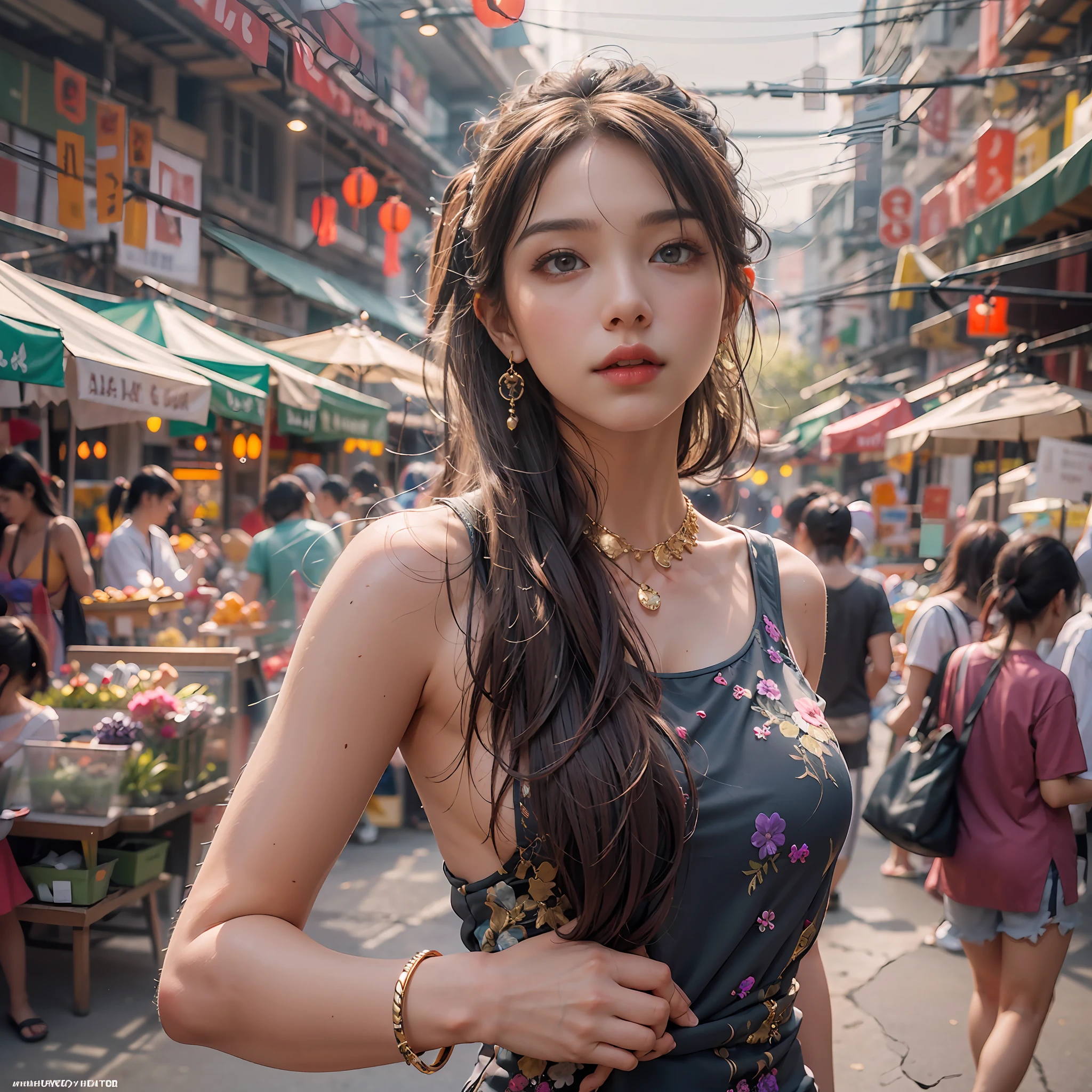1girl,solo,20-year-old girl, close-up,walking in a busy market in Ho Chi Minh City,Wearing a short-sleeved high-cut sexy cheongsam with delicate flower embroidery,pose sexy, amethyst earrings, amethyst necklace, gold bracelet, delicate eyes, delicate face, big breasts,makeup, dark red hair,high ponytail,shiny skin, perfect body, perfect hands, perfect feet, the best masterpiece, masterwork, ultra-realistic photos of people, high-quality, high-quality, HDR, ultra-high resolution drawing,