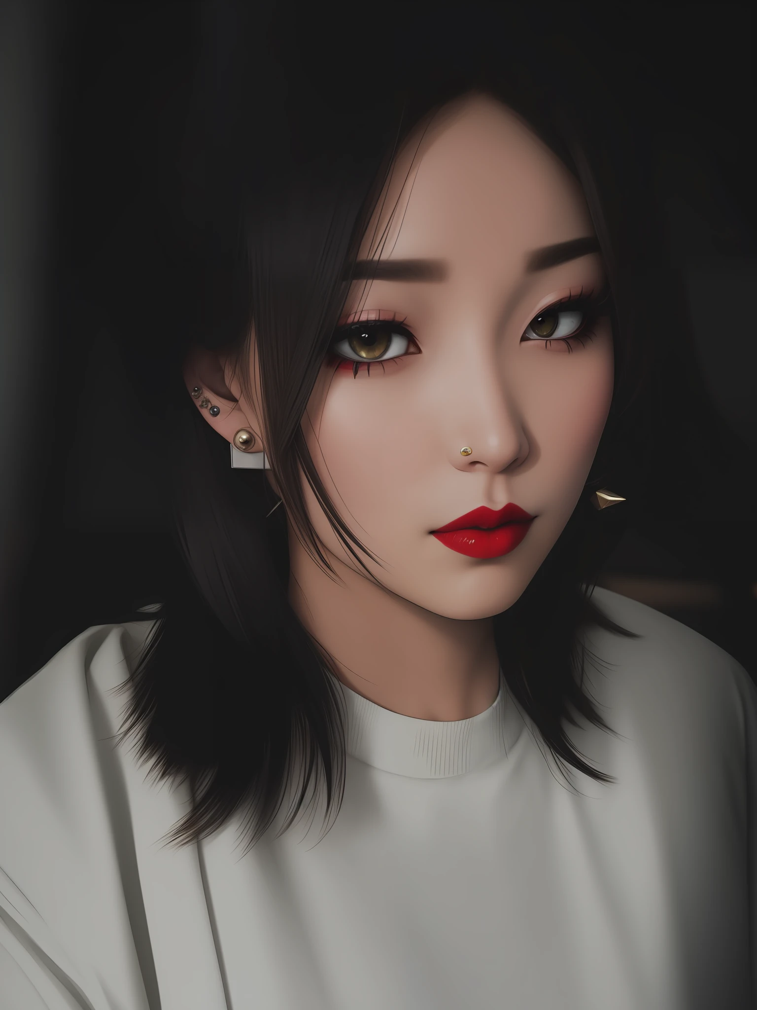 messy  hair, eye shadows, Shinkai sincerely，inside in room，early evening，Redlip，ear studs