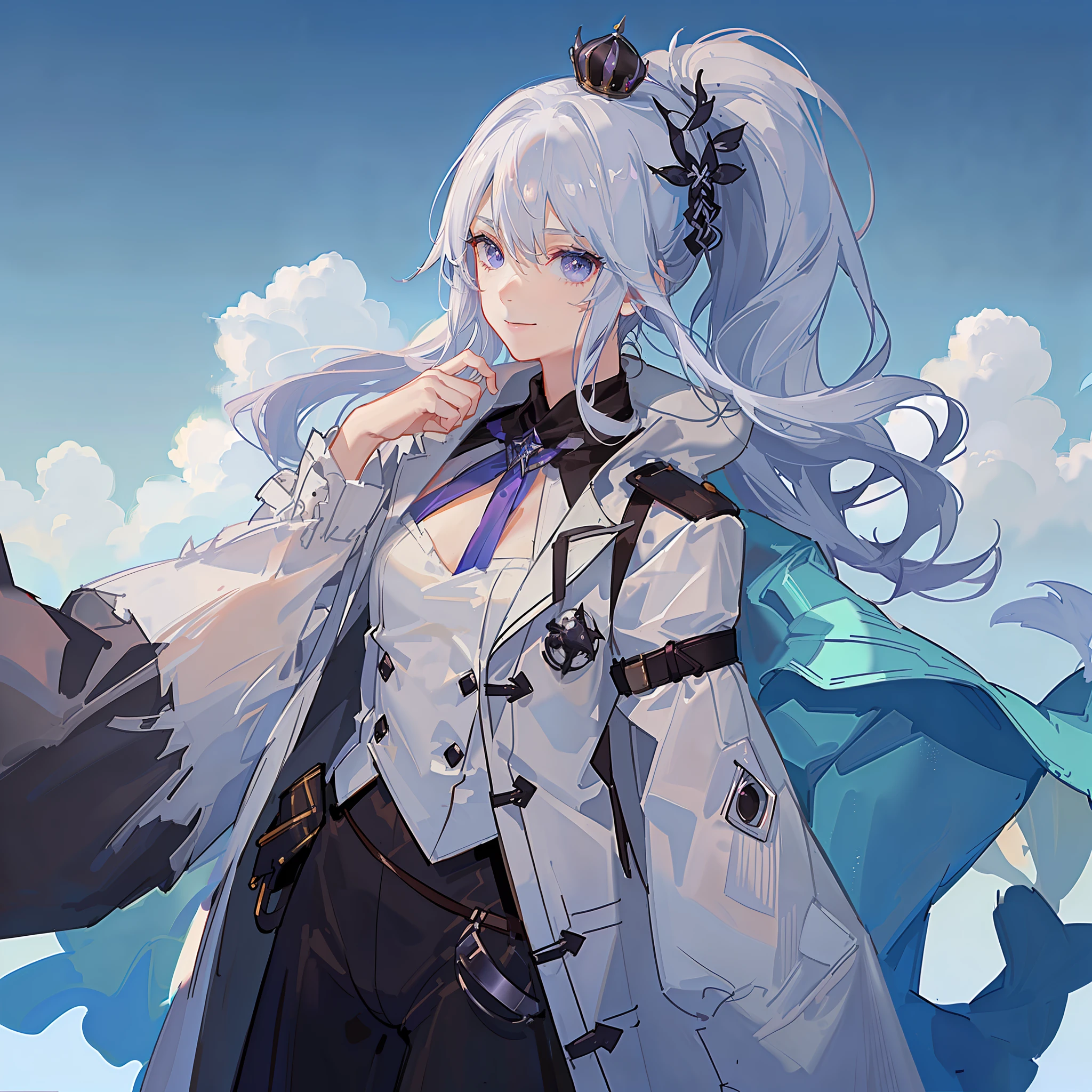 Girl with blue and white hair,Wearing a thick white coat,Large lapels,Purple eyes,Industrial style clothing,From the maiden front,From the Ark of Tomorrow,Blue strap decoration,Bust,Half-buttoned coat,Dong with a high ponytail,small,solo person,White half-button jacket,Mature girl,Black underwear bottoms,ssmile,Black skinny lining,Black thorn crown