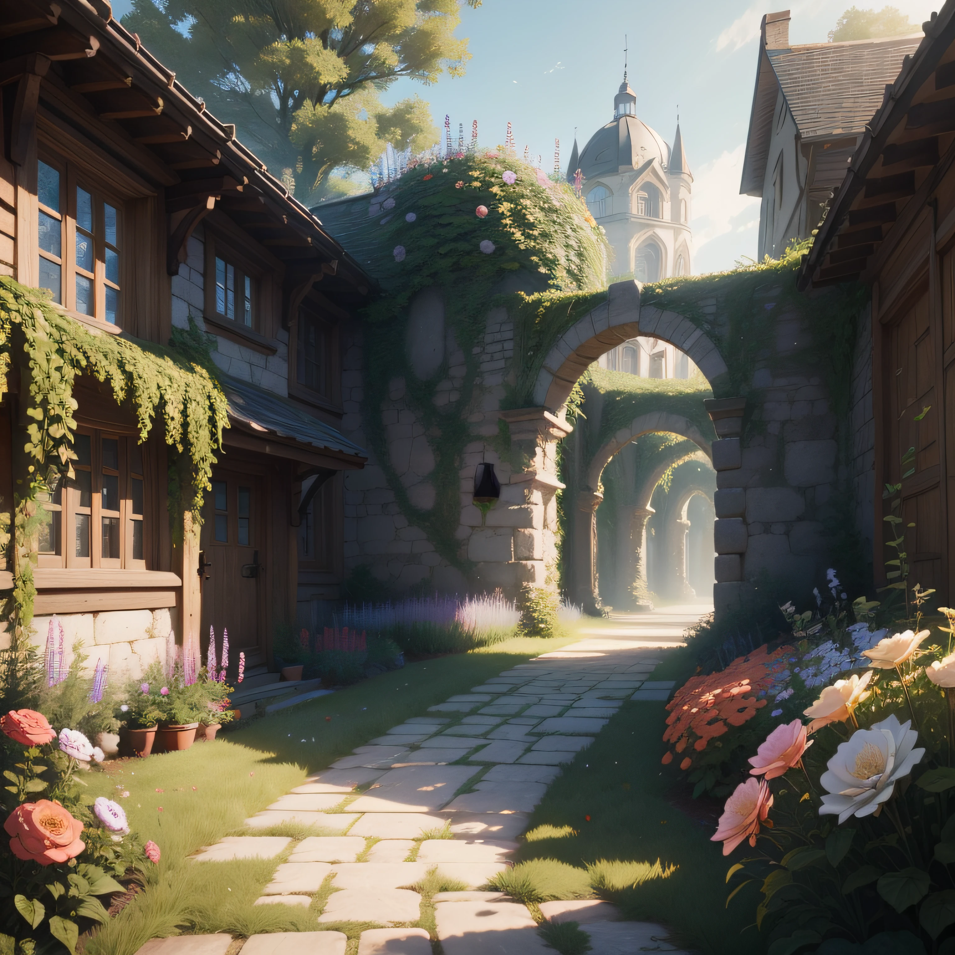 es gibt viele verschiedenfarbige Blumen im Garten wie Hortensien und Rosen entlang der Mauer, Unreal-Engine ; Romantisches Thema, Beautiful rendering of a fairy tale, Unreal 5 Engine wird hochgradig gerendert, Unreal-Engine-Stil, Rendern in Unreal Engine 5, Unwirkliche Engine-Fantasy-Kunst, Renderstil der Unreal-Engine, gerendert in Unreal Engine 5, Unwirkliche Motorgrafik, Ghibli Studio, Florale Umgebung