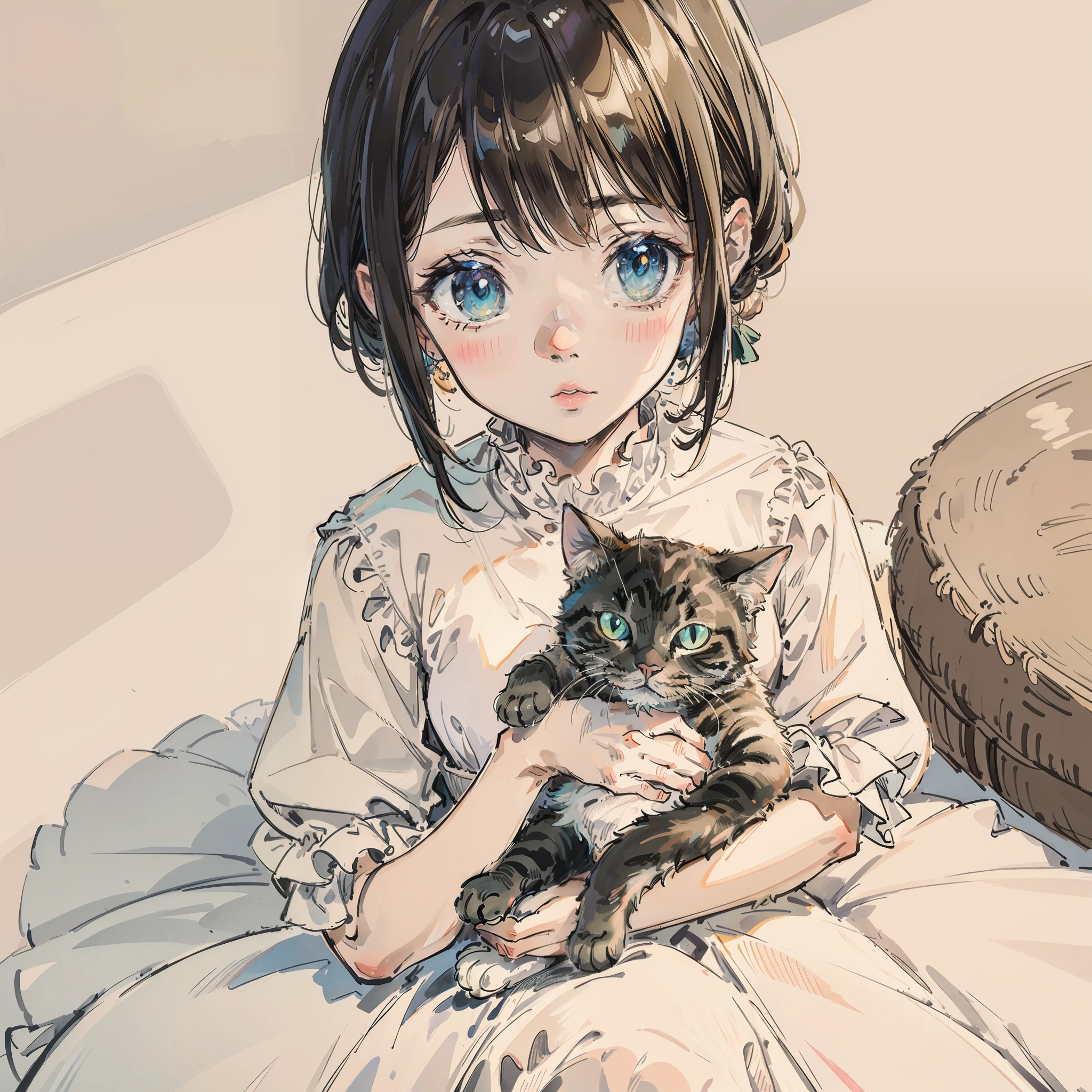 top-quality、masterpiece、White Dress、Take a cute cat、