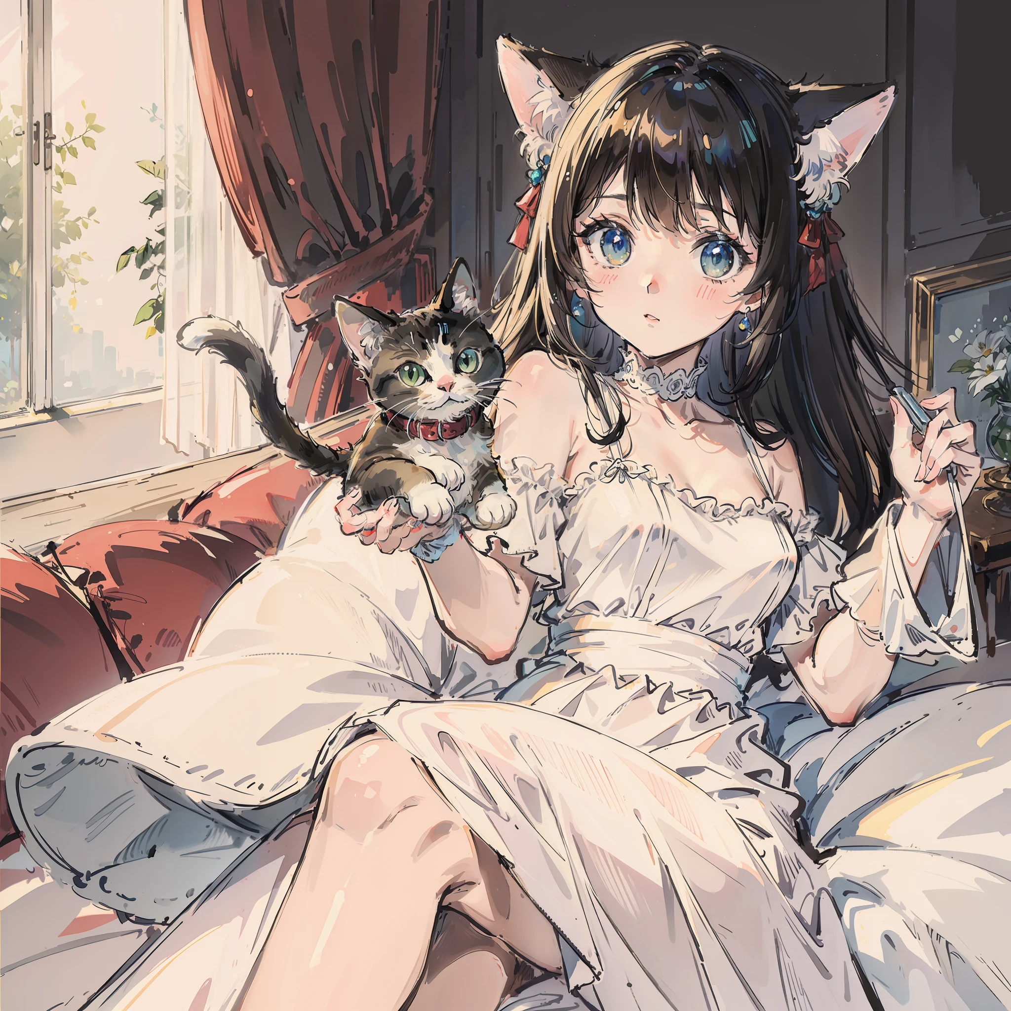 top-quality、masterpiece、White Dress、Take a cute cat、