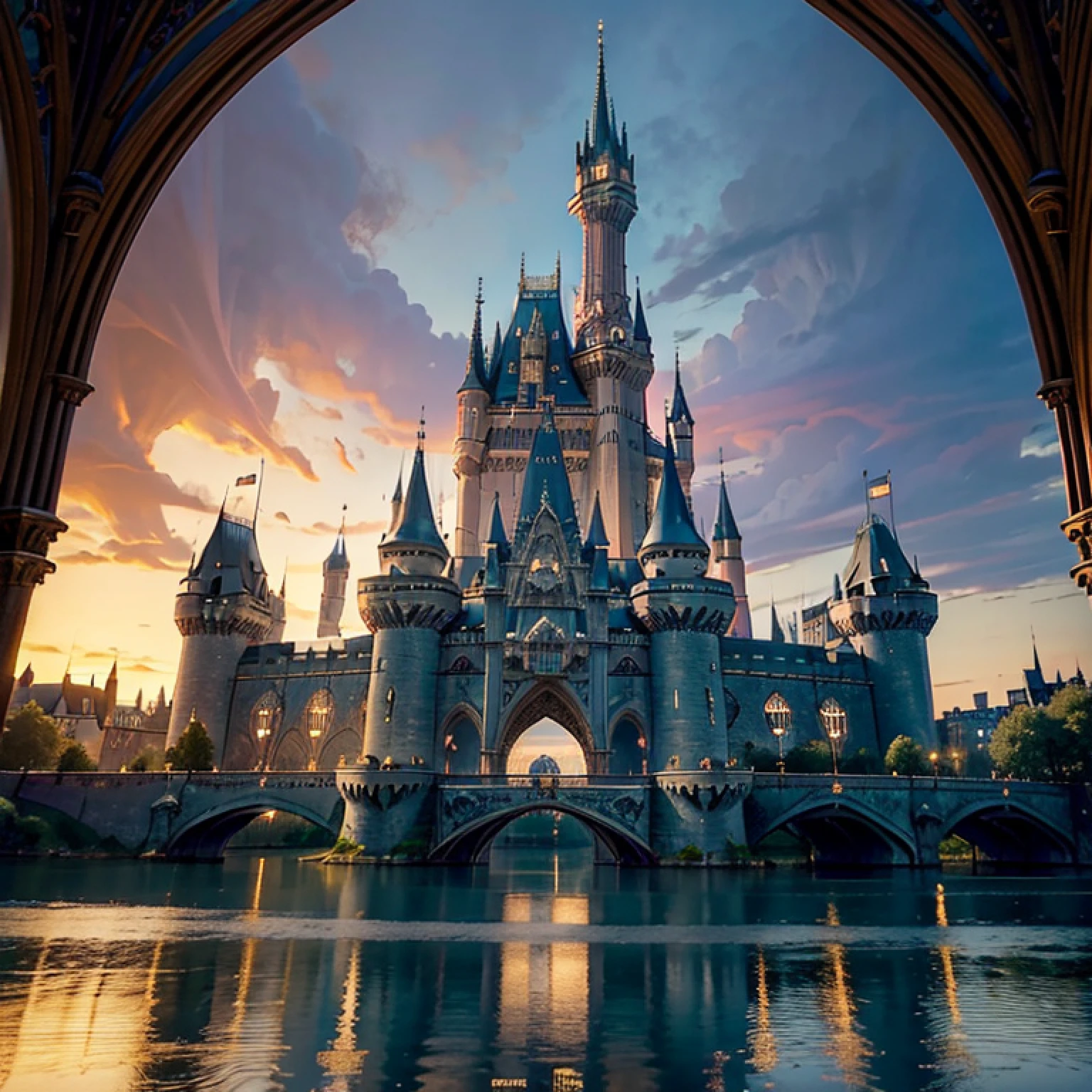 There is a castle with a bridge,There is a bridge in front, Royal steampunk castle, Magnificent Gothic architecture, angle of view, in a panoramic view, Wide shot, Atmospheric perspective, Wide-angle, Interior architecture, Gothic art, classicism, Masterpiece, Super detail,Blue roof