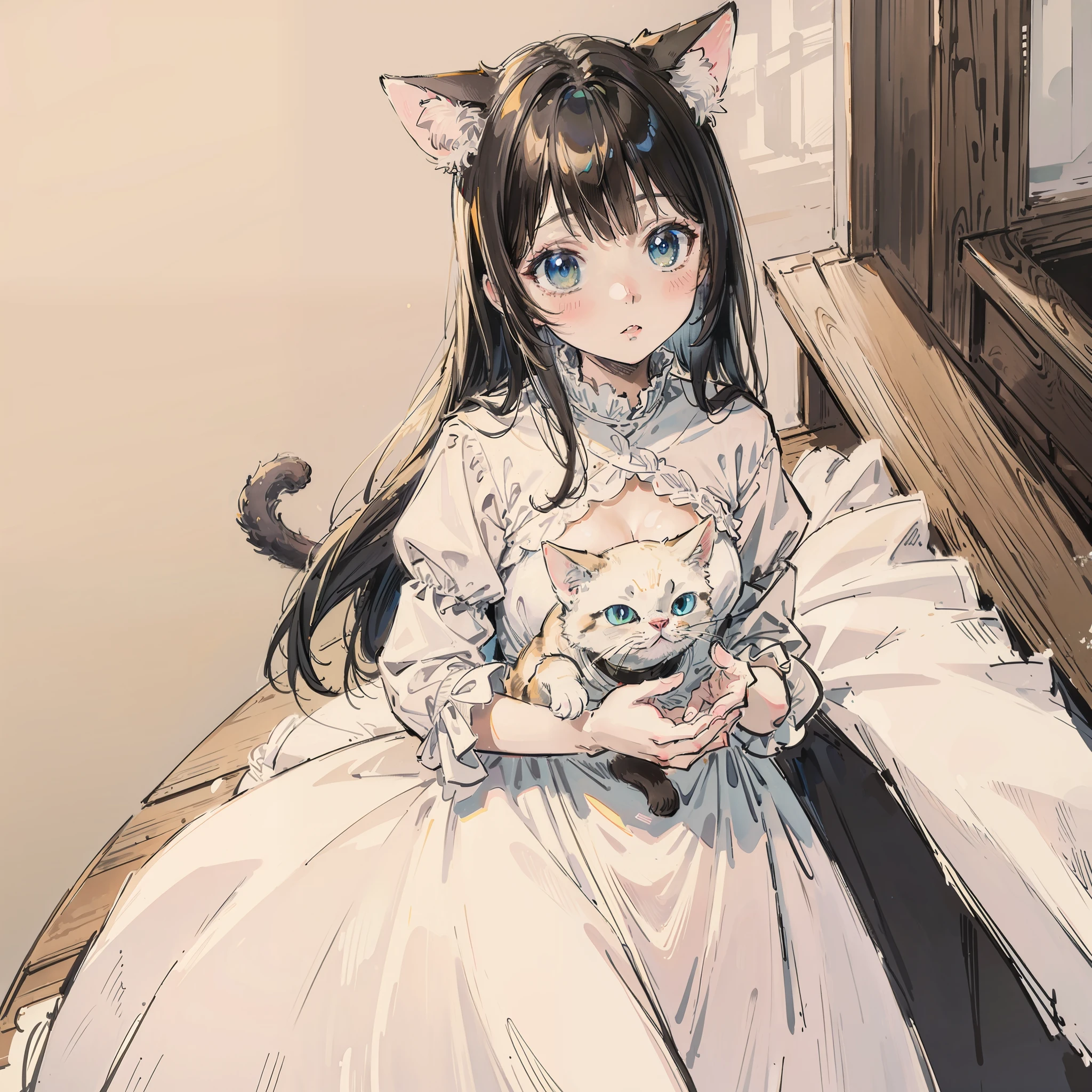 top-quality、masterpiece、White Dress、Take a cute cat、