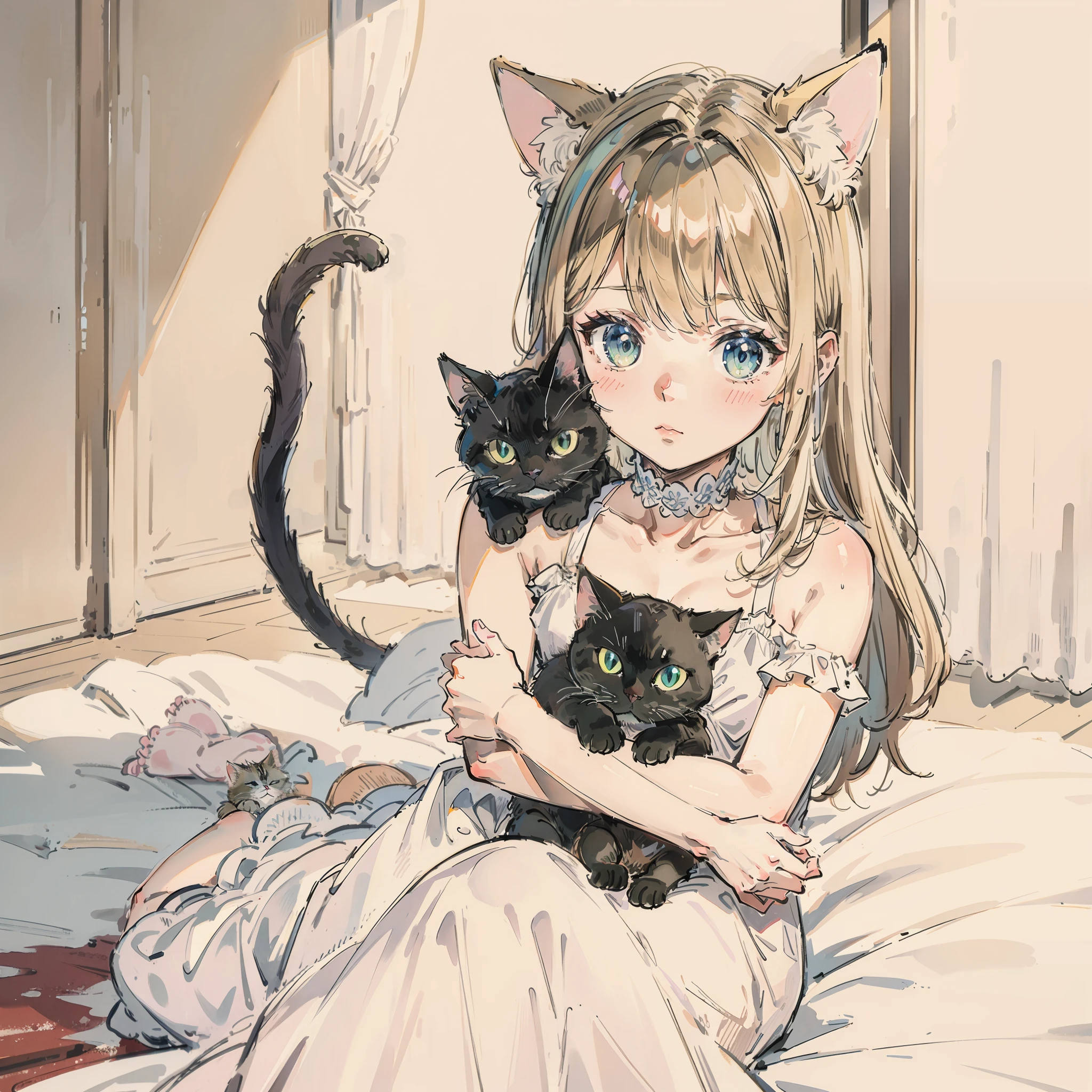 top-quality、masterpiece、White Dress、Take a cute cat、