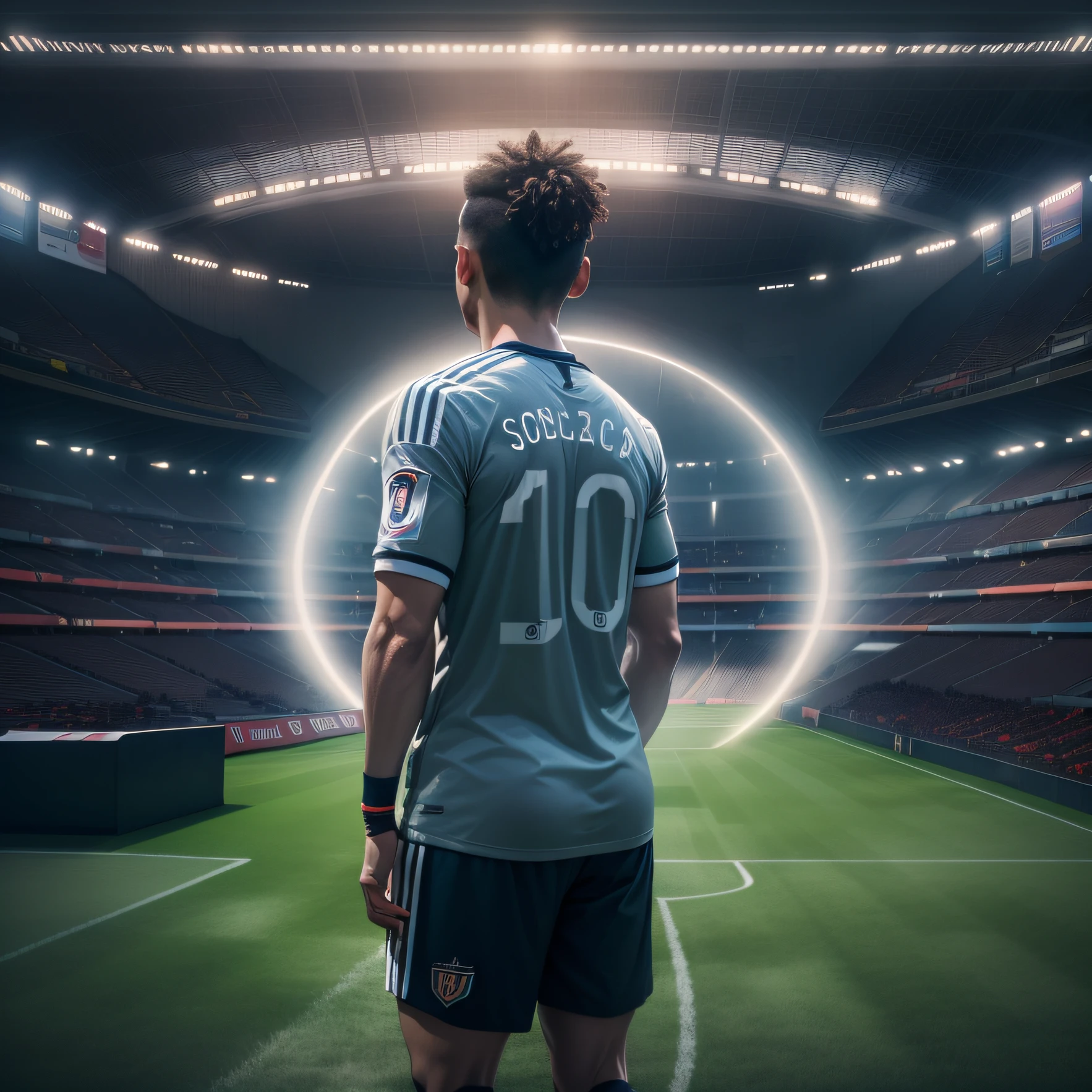 Create an immersive scene inside a soccer stadium, with a player's vision, where the background is outer space.
