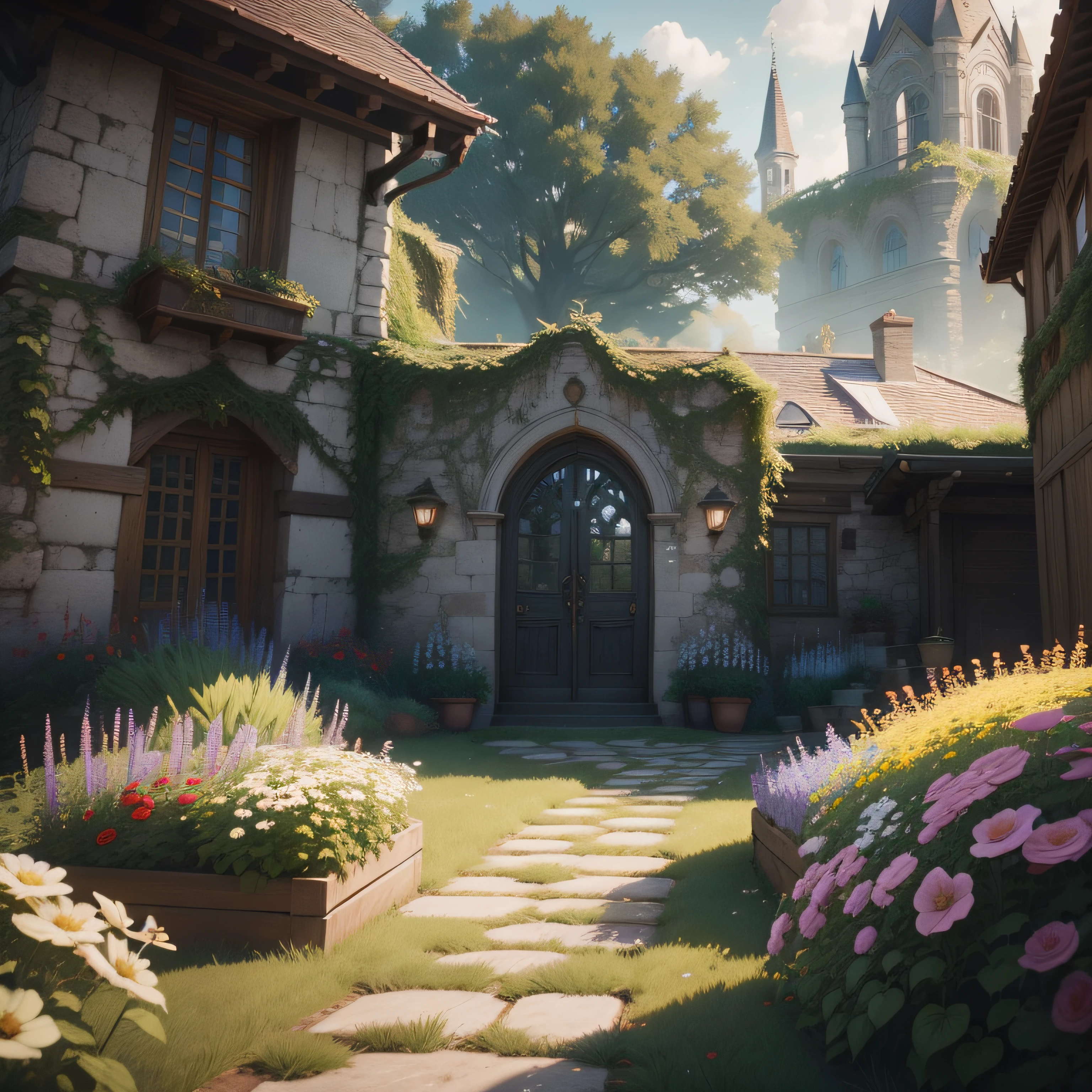 es gibt viele verschiedenfarbige Blumen im Garten wie Hortensien und Rosen entlang der Mauer, Unreal-Engine ; Romantisches Thema, Beautiful rendering of a fairy tale, Unreal 5 Engine wird hochgradig gerendert, Unreal-Engine-Stil, Rendern in Unreal Engine 5, Unwirkliche Engine-Fantasy-Kunst, Renderstil der Unreal-Engine, gerendert in Unreal Engine 5, Unwirkliche Motorgrafik, Ghibli Studio, Florale Umgebung