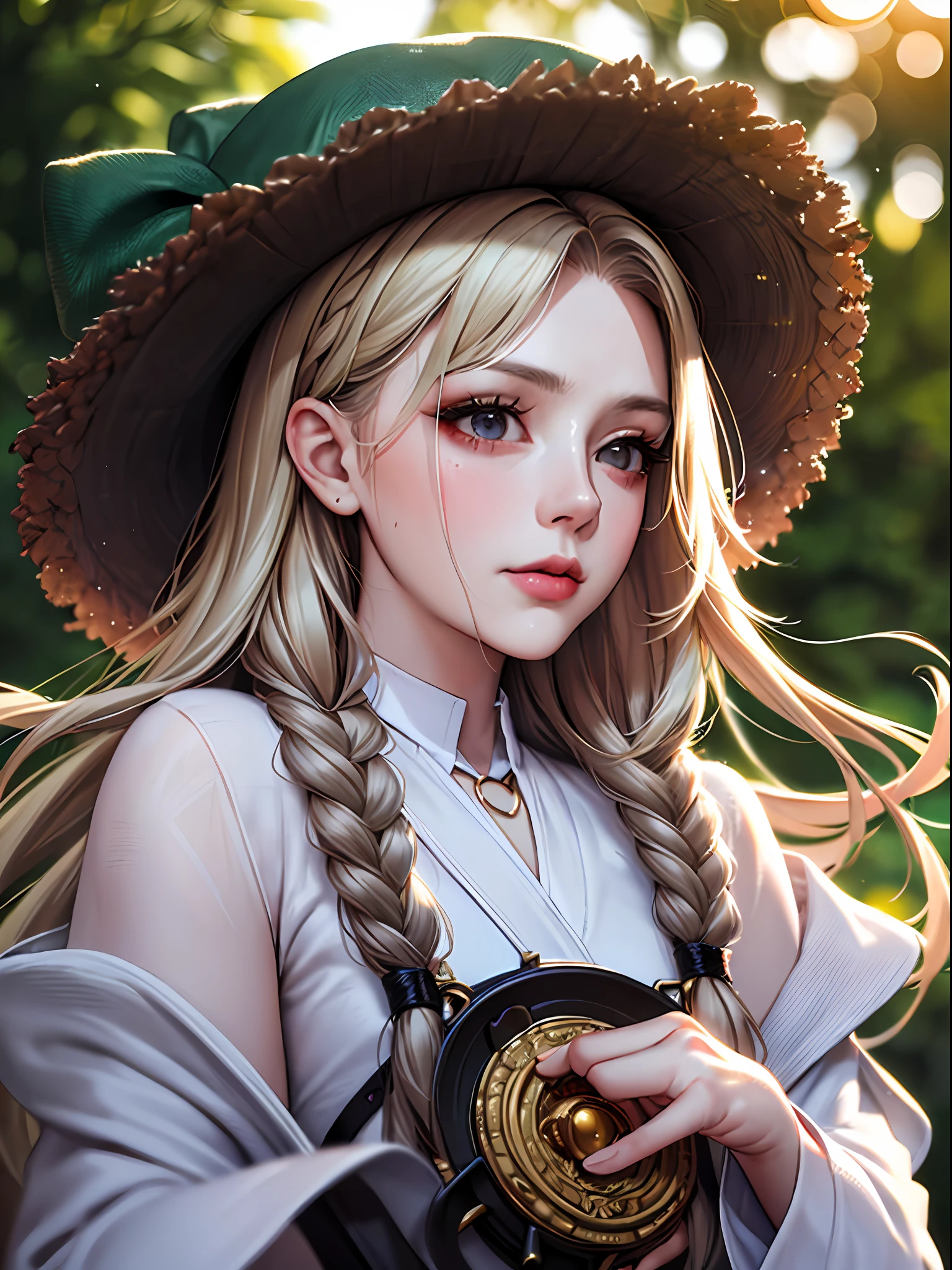 ((masterpiece、top-quality))、女の子1人、(Photorealsitic:1.4),(Cute girl in braids wearing green witch hat), (Cute girl about 10 years old),Play the lute, Simple Green Witch Hat, (very intricate:1.3), (Realistic), portrait of girl, the most beautiful in the world, (Green Witch Robe) , upper body, the woods, Intense sunlight, Professional photo details of stunning girls, foco nítido, Dramatic, awardwinning, Cinematic lighting, , Volumetrics DTX, (Film grain, Blurry background, Blurred foreground, Bokeh, depth of fields, Sunset, Motion Blur:1.3),Realism,Oversized shirt,Black eyes