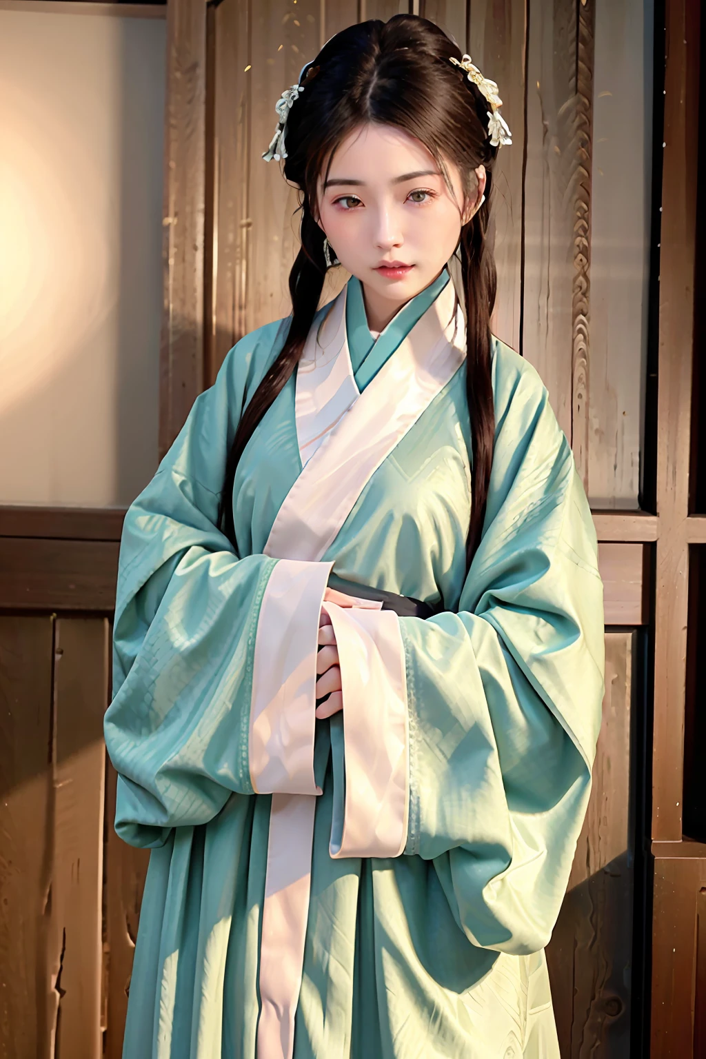 (8k, best quality, masterpiece), (realistic, photo-realistic),1girl, cute, dating,(smile), (closed mouth) small breasts, beautiful detailed eyes,wet, rain, (Han Dynasty, Han clothing)