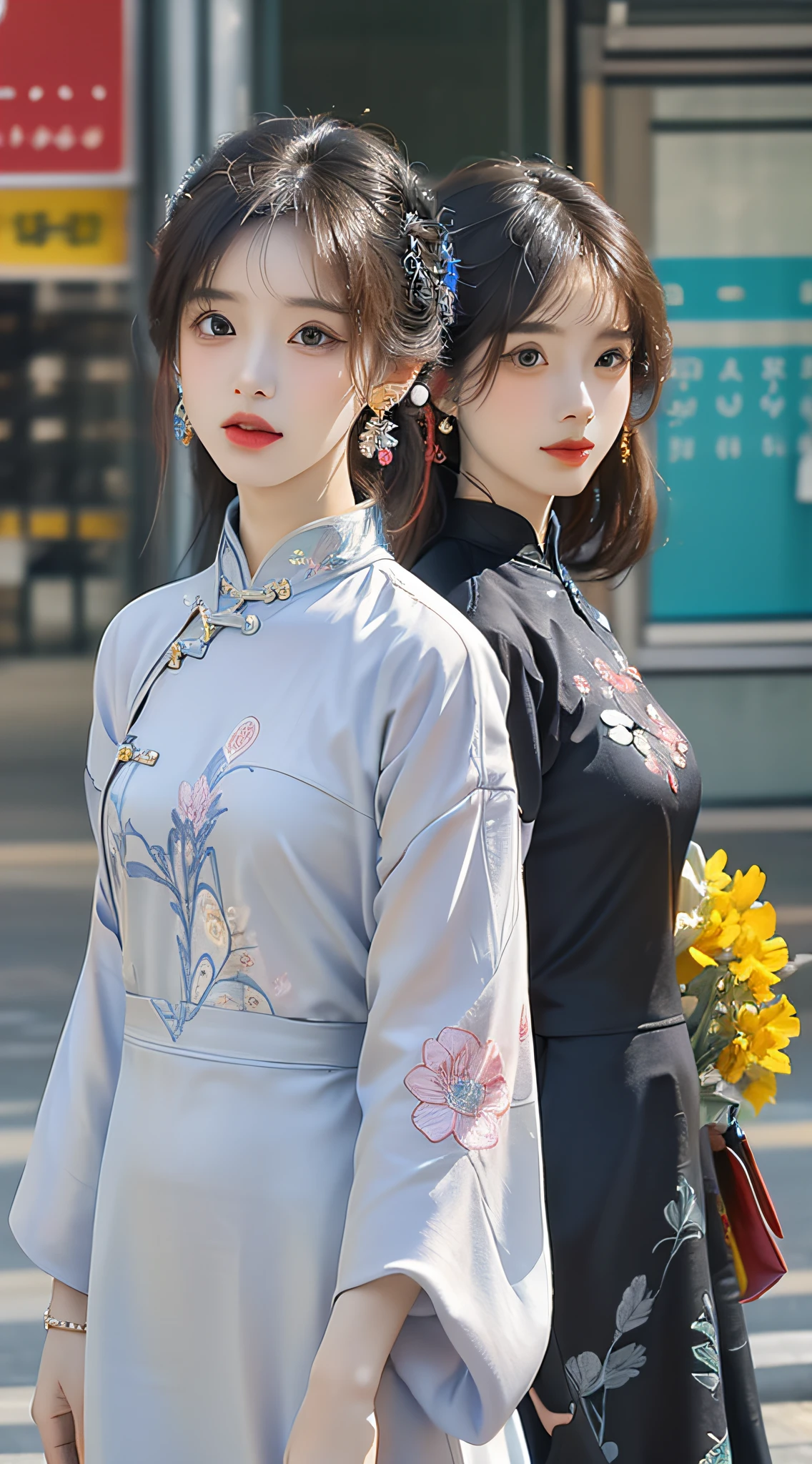 (Masterpiece, Top quality, Best quality, offcial art, Beautiful and aesthetic:1.2), (a beautiful girl in vintage aodai:1.3), Extremely detailed,(Fractal art:1.1),(Colorful:1.1)(Flowers:1.3),highest details,(zentangle:1.2), (Dynamic pose), street, Cyberpunk, (vietnam Traditional aodai:1.2), (Shiny skin), (many color:1.4), ,(Earrings:1.4),