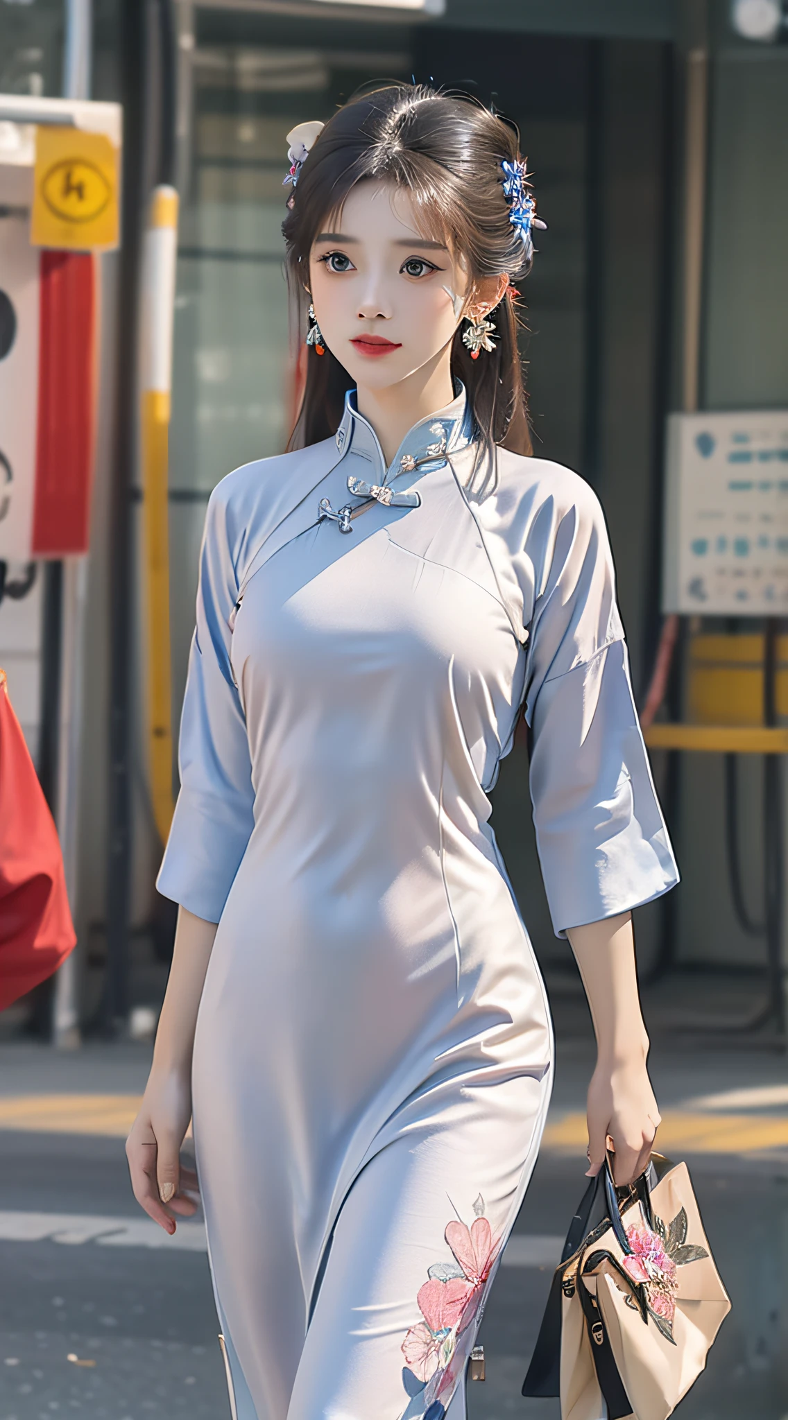 (Masterpiece, Top quality, Best quality, offcial art, Beautiful and aesthetic:1.2), (a beautiful girl in vintage aodai:1.3), Extremely detailed,(Fractal art:1.1),(Colorful:1.1)(Flowers:1.3),highest details,(zentangle:1.2), (Dynamic pose), street, Cyberpunk, (vietnam Traditional aodai:1.2), (Shiny skin), (many color:1.4), ,(Earrings:1.4),
