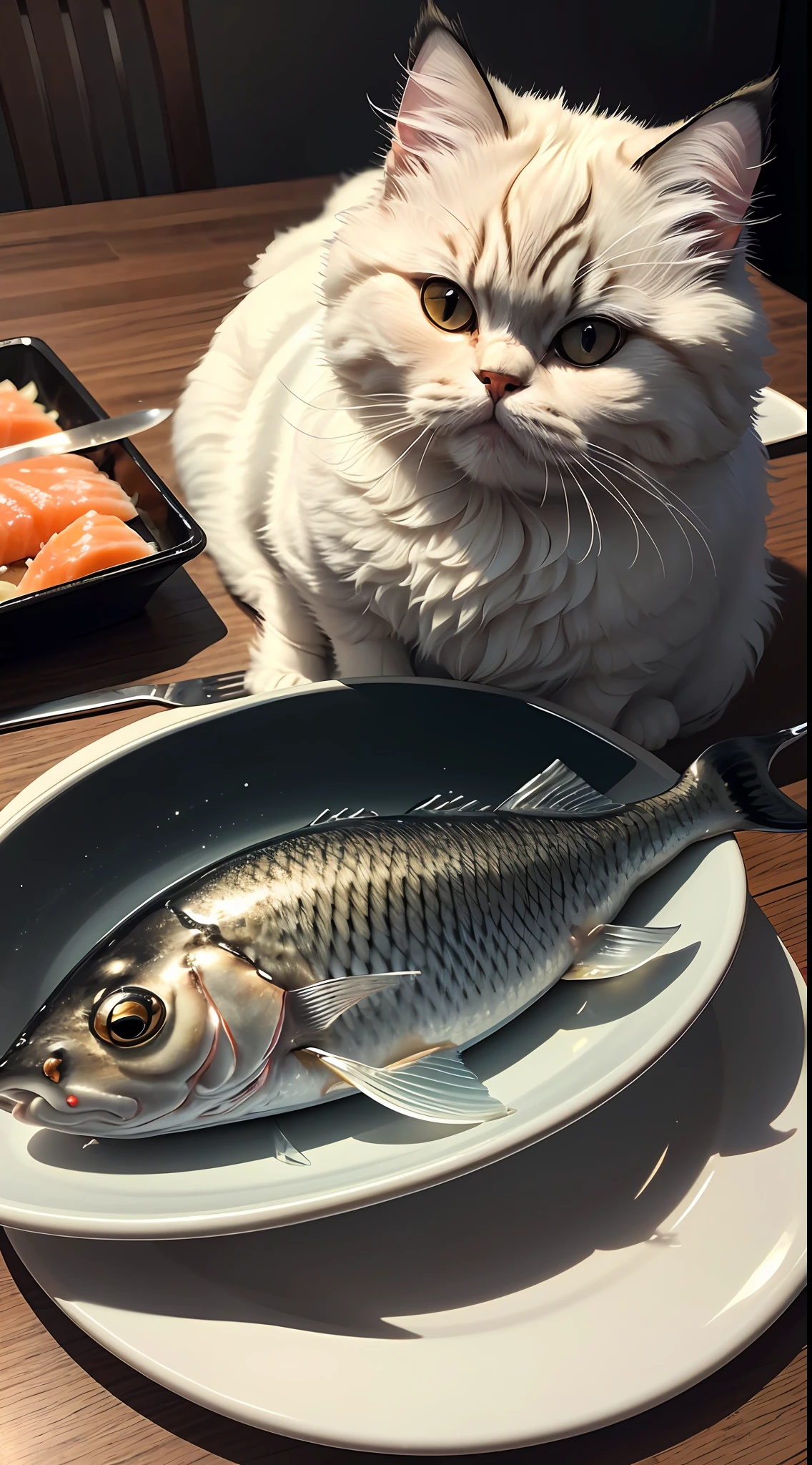 Close-up photo of (Persian cat: 1.2) (cuts fish with knife on table: 1.2), (C4ttitude: 1.3), in Glasstech kitchen, hyper-realistic, intricate details, (fog: 1.1), POV from below