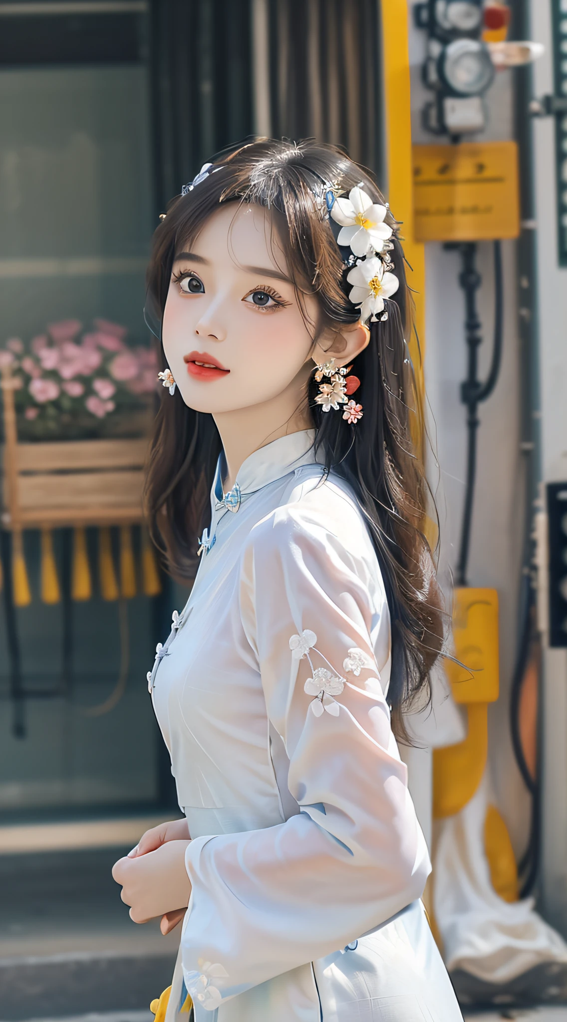 (Masterpiece, Top quality, Best quality, offcial art, Beautiful and aesthetic:1.2), (a beautiful girl in vintage aodai:1.3), Extremely detailed,(Fractal art:1.1),(Colorful:1.1)(Flowers:1.3),highest details,(zentangle:1.2), (Dynamic pose), street, Cyberpunk, (vietnam Traditional aodai:1.2), (Shiny skin), (many color:1.4), ,(Earrings:1.4),