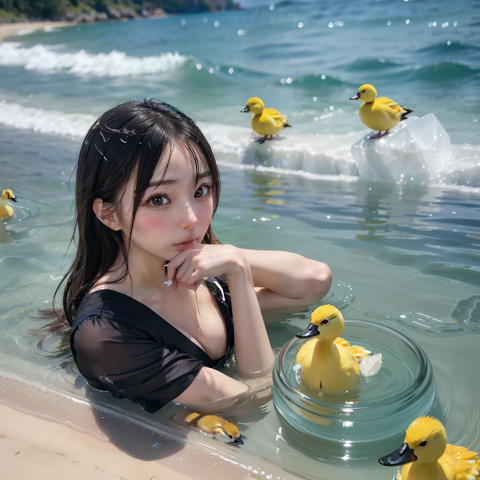 Araffe Japanese model, hyperrealistic, drinking water in a glass with lots of ice next to yellow ducklings on a beach,