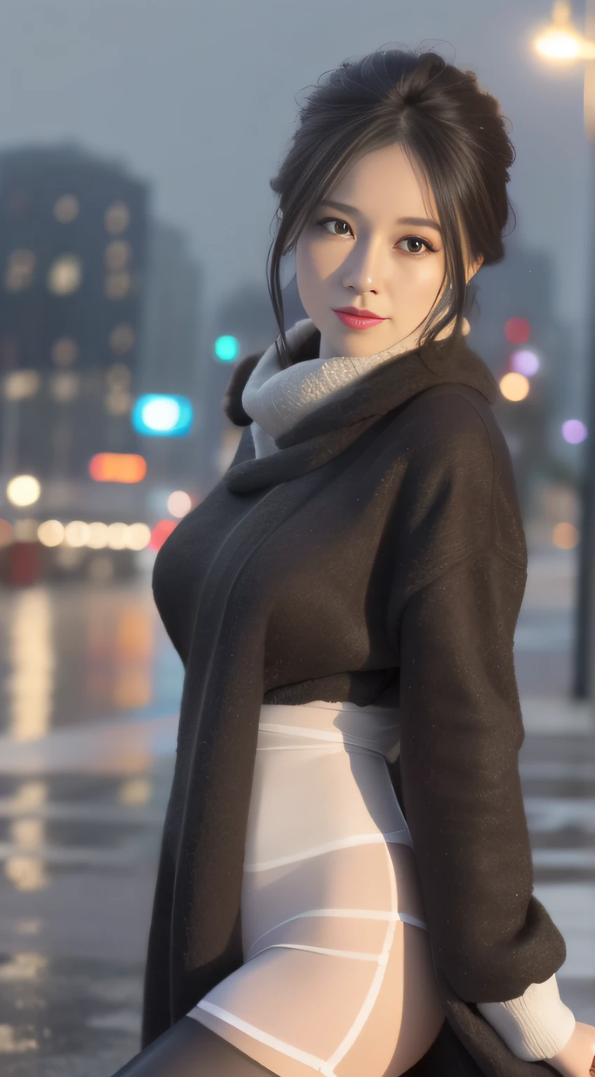 mix4, silk stockings, (8k, RAW photo, best quality, masterpiece:1.2), (realistic, photo-realistic:1.37),cute,cityscape, night, rain, wet, professional lighting, photon mapping, radiosity, physically-based rendering,
