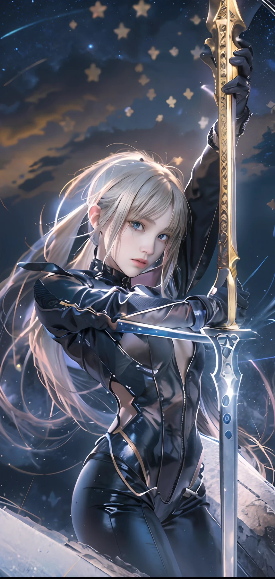 ((masterpiece:1.2, best quality)), realistic, 1girl, solo, blood, male focus, looking at viewer, artoria pendragon \(fate\), black (((suit))), black (((pant suit))), (((ponytail))), (((black gloves))), aurora, night, stars (sky), sky, night sky, starry sky, holding Magic Sword, Dark Clouds, Night, model shot, (Impressionism: 1.4), (Tarot: 1.3), Alphonse Mucha, BREAK