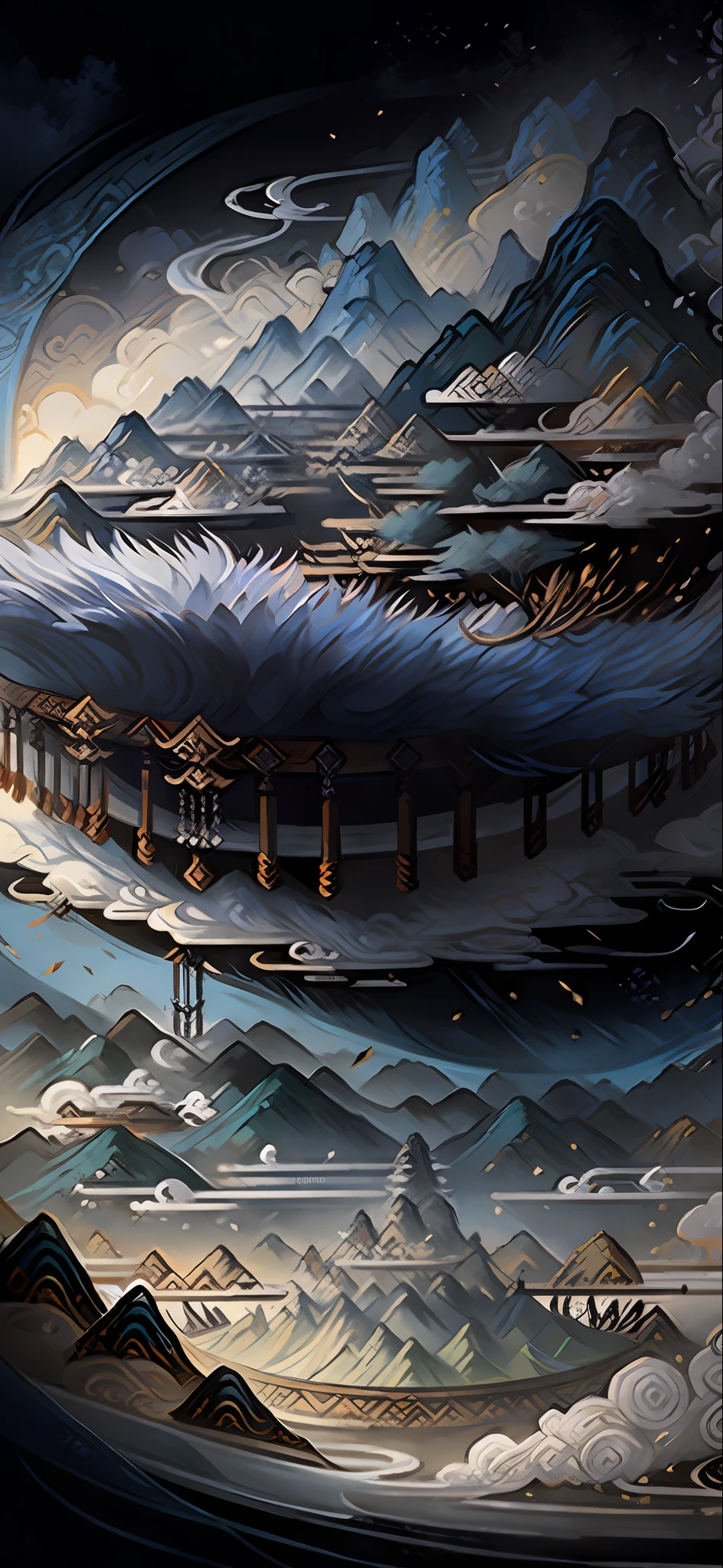 Ancient Chinese landscapes， mountain ranges， rios， Auspicious clouds， rays of sunshine， white backgrounid， tmasterpiece， super detailing， Epic composition， hyper HD， high qulity， extremely detaile， offcial art
