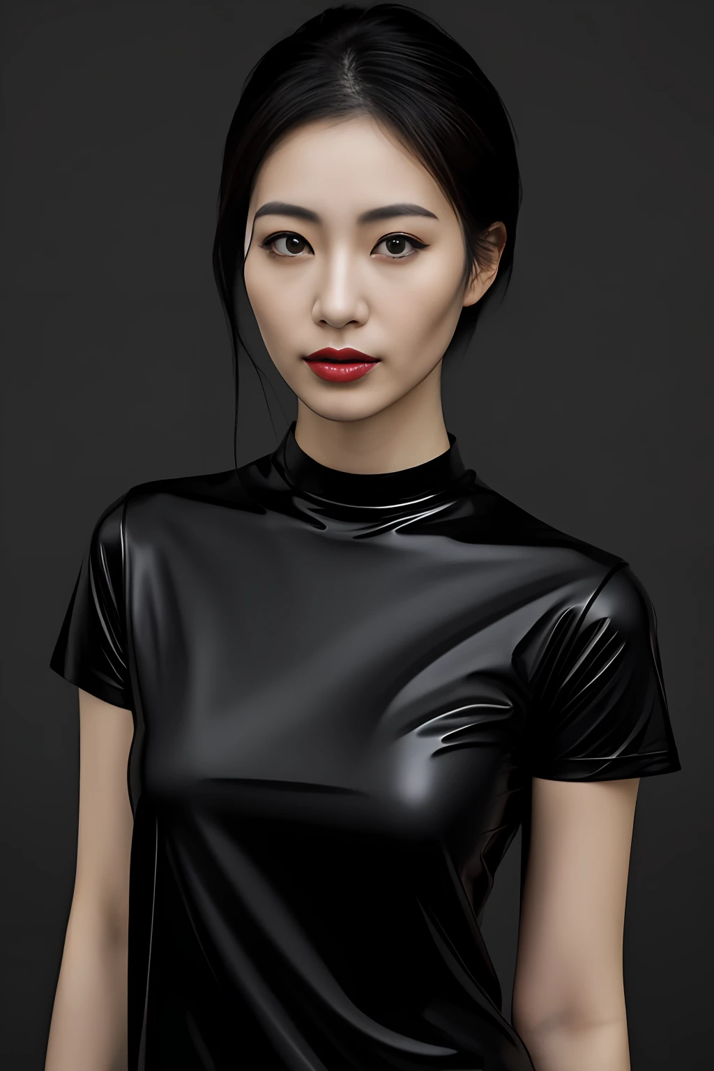 Japan woman wearing black latex t-shirt、(Photo Real:1.4)、
1girl in、(Brightening light:1.2)、(Increase quality:1.4)、
(Top quality real texture skins:1.4)、

(Mood up the body line:1.1)、(Improve skin texture:1.1)
