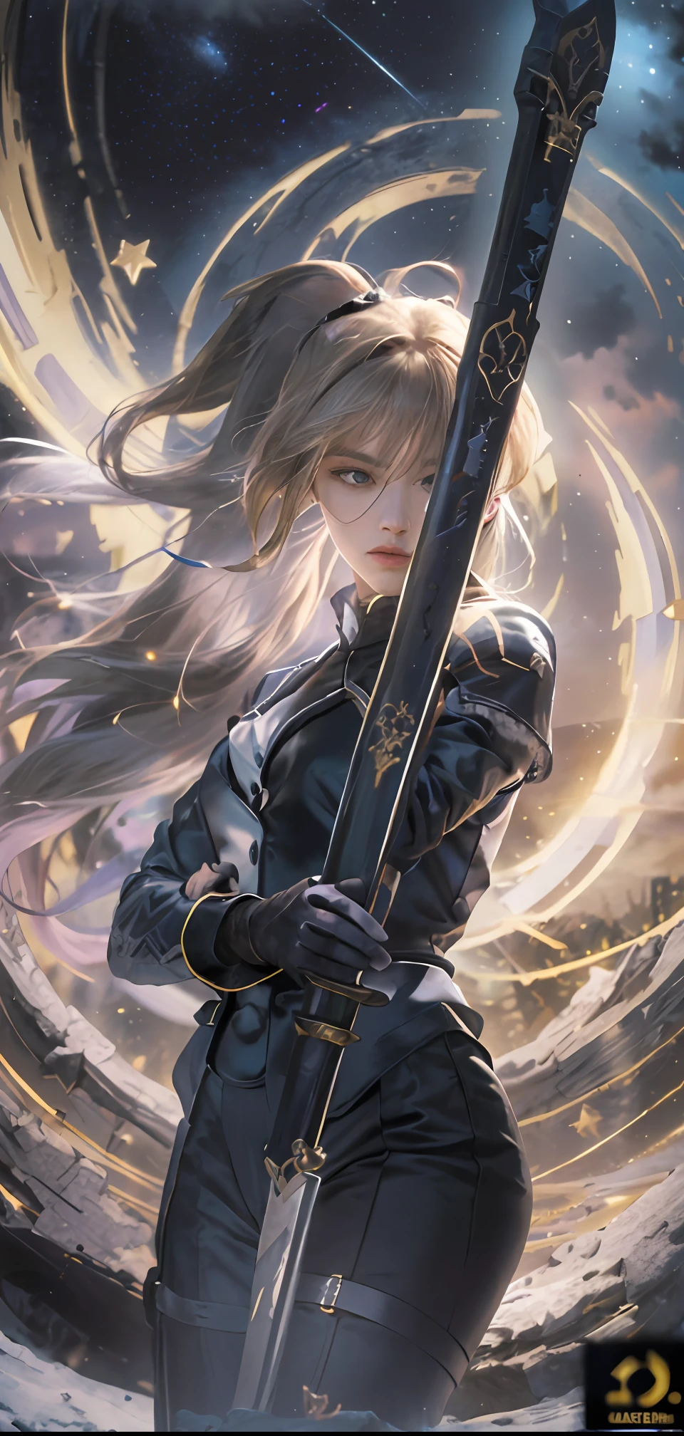 ((masterpiece:1.2, best quality)), realistic, 1girl, solo, blood, male focus, looking at viewer, artoria pendragon \(fate\), black (((suit))), black (((pant suit))), (((ponytail))), (((black gloves))), aurora, night, stars (sky), sky, night sky, starry sky, holding Magic Sword, Dark Clouds, Night, model shot, (Impressionism: 1.4), (Tarot: 1.3), Alphonse Mucha, BREAK