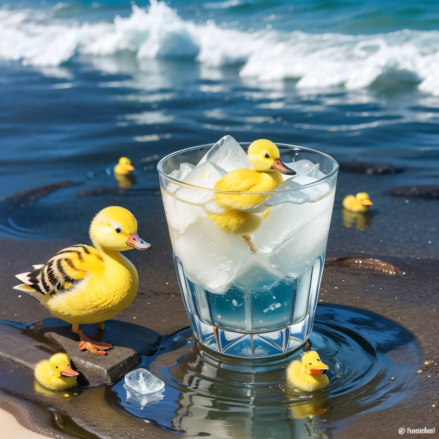 Araffe Japanese model, hyperrealistic, drinking water in a glass with lots of ice next to yellow ducklings on a beach,