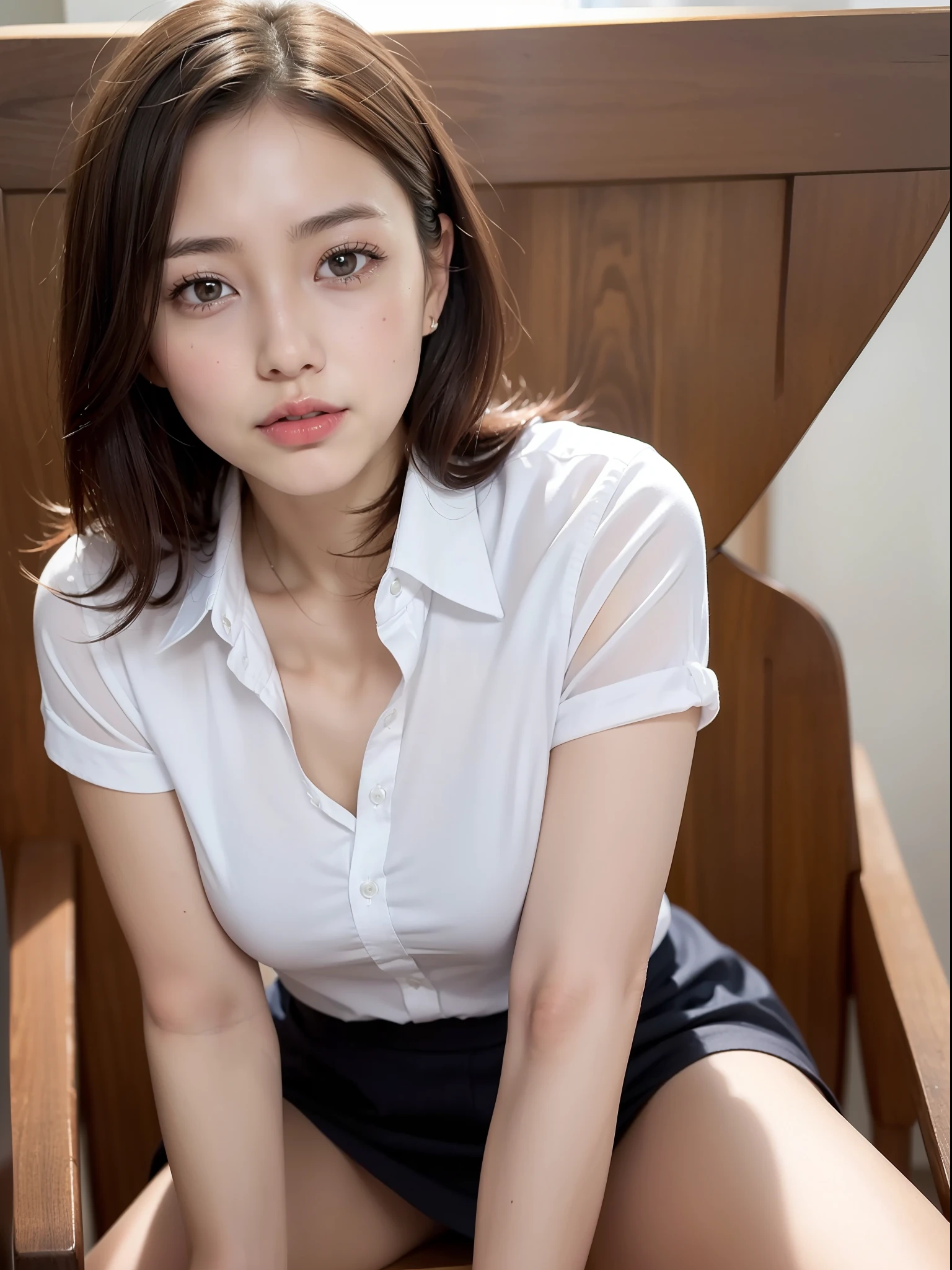 ((top quality, 8k, masterpiece: 1.3, raw photo)), Sharp Focus: 1.2, (1 aespa girl: 1.2), (Realistic, Photorealistic: 1.37), (face focus: 1.1), cute face, ultra detailed face, small breasts, flat chest, brunette short messy hair, (white business shirt: 1.2), Skirt Boldly Pulled Up With Your Hands ((Sit on a Chair and Open Your Legs Wide)), beautiful girl sitting at the officeroom, sunlight, movie lighting