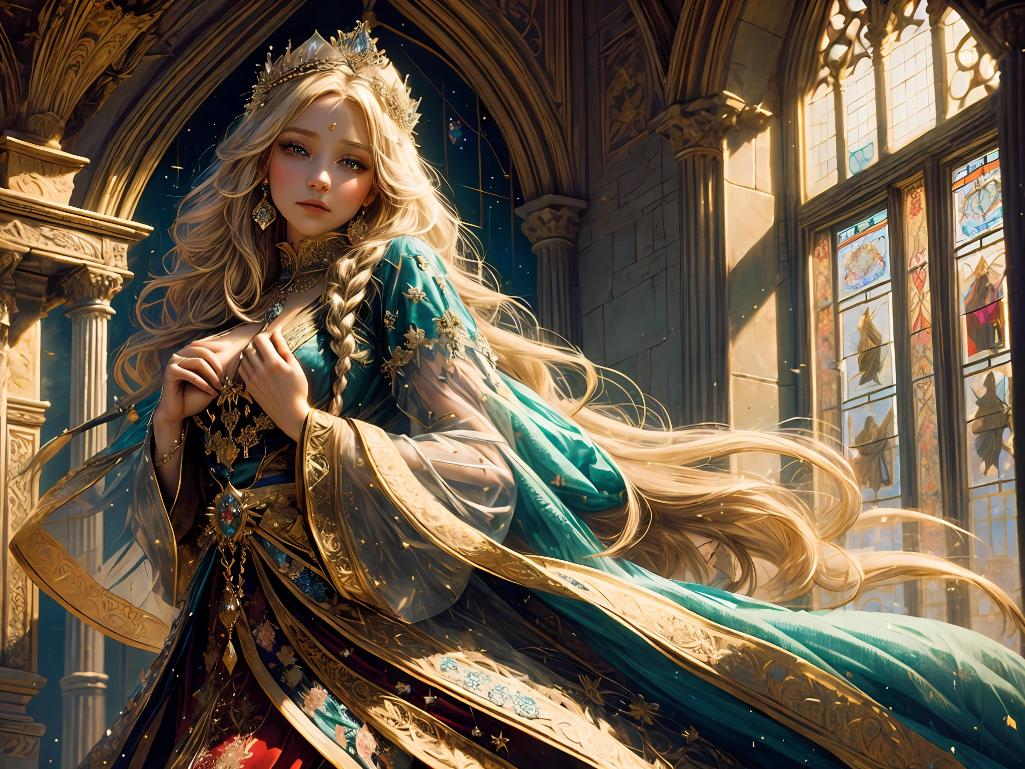 (Masterpiece, high resolution, Realistic:1.4), A long stunning princess, Flowing, Waist-length blonde hair adorned with intricate braids, Stand at the window of the majestic stone castle, (Clear eyes:1.4) Shines with elegance and wisdom, Her lips are full,Painted bright red, Her hands are delicate and flawless, Decorated with fine jewelry, The sun caressed her fair skin, Cast a soft glow on her noble features, The magnificent architecture of the castle constitutes her presence, Its soaring stone walls and ornate carvings showcase its splendor, The princess wore an elegant gothic dress, Rich fabrics in dark tones cascaded around her, Delicate lace details and delicate embroidery add to the glamour of the dress, There was a hint of mystery in her mysterious gaze。, There was a hint of melancholy in her expression。, The head is decorated with a crown, Symbolizes her royal blood, Vibrant stained glass windows cast vibrant tones throughout the room, A tapestry depicting mythological scenes hanging on the wall, Capture the essence of her magic kingdom, A sense of majesty, Beauty, Grace captured in this real photo, Transports the viewer to a world of fairy tales and charm.Sleeping beauty