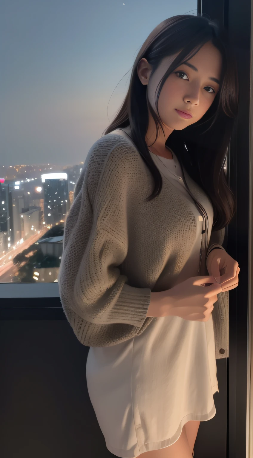 mix4,(8k,RAW photos,best qualtiy,tmasterpiece:1.2),(Realiy,Foto realism:1.37),1girl,adolable,view over city,the night,Sateen,dampness,profesional lighting,photon maping、Radio City、physically-based renderingt、mix4