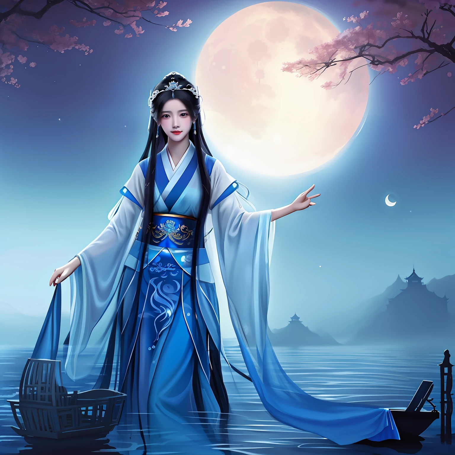 Painting a woman in a blue dress standing on a boat in the water, float under moon light at night, Chinese fantasy, lunar goddess, lunar goddess, Goddess of the moon, moonlit night dreamy atmosphere, inspired by Fu Baoshi, Inspired by Ma Yuan, Beautiful and mysterious, xianxia fantasy, White Hanfu, queen of the sea mu yanling