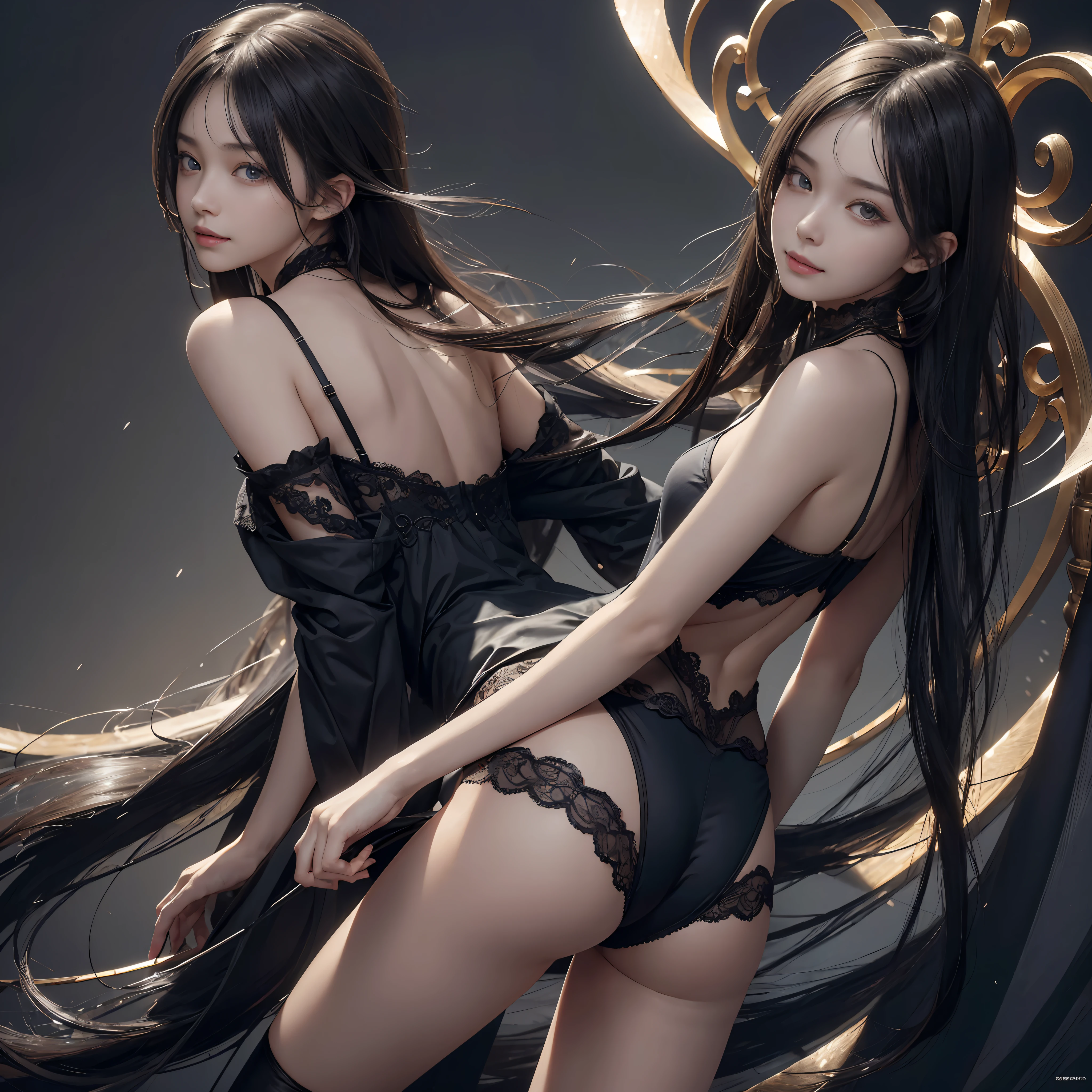 (Ultra Realistic), (Illustration), (High Resolution), (8K), (Very Detailed), (Best Illustration), (Beautiful and Detailed Eyes), (Best Quality), (Ultra Detailed), (Masterpiece), (Wallpaper), (Detailed Face), Solo, One Girl, Viewer's Gaze, Detail, Detail Face, Darkness, Deep Shadow, Low Key, pureerosfaceace_v1, Smile, Small Bust, Transparent Underwear, Mekosuji, Long Legs, Thin waist, buttocks, ultra-fine makeup, ultra-fine clothing material, open legs