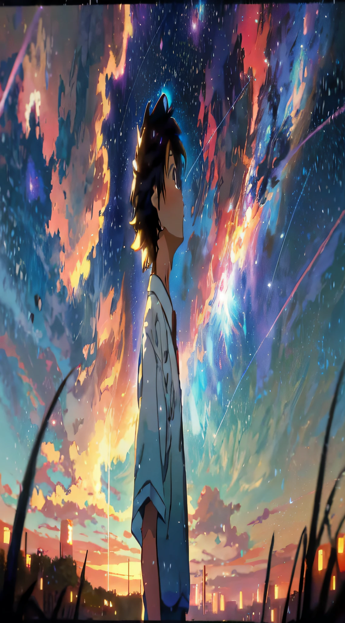 anime boy looking at the stars in the sky, makoto shinkai cyril rolando, your name movie style, your name, cosmic skies. by makoto shinkai, anime wallpaper 4 k, anime wallpaper 4k, anime art wallpaper 8 k, anime art wallpaper 4 k, anime art wallpaper 4k, makoto shinkai!, 4k anime wallpaper