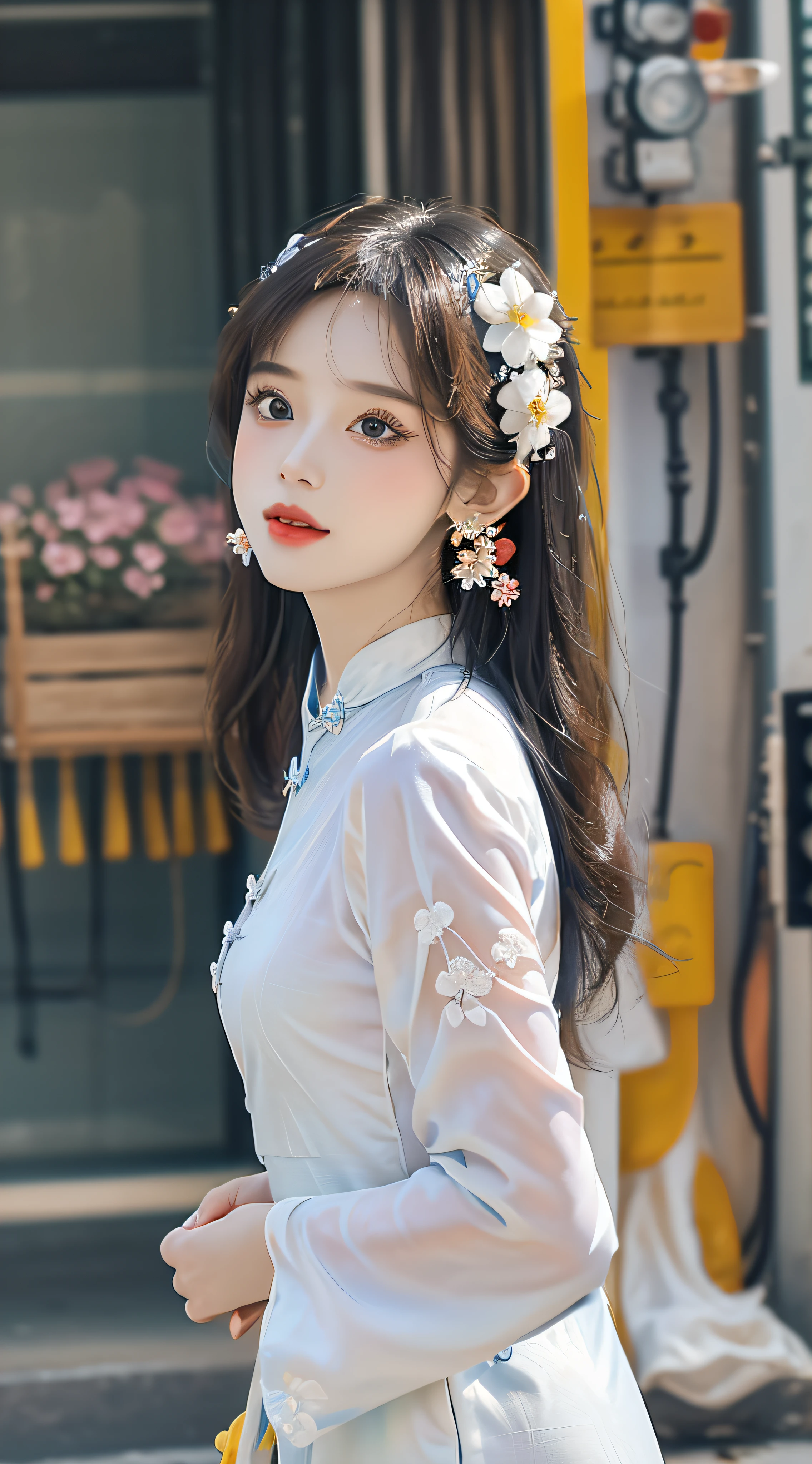 (Masterpiece, Top quality, Best quality, offcial art, Beautiful and aesthetic:1.2), (a beautiful girl in vintage aodai:1.3), Extremely detailed,(Fractal art:1.1),(Colorful:1.1)(Flowers:1.3),highest details,(zentangle:1.2), (Dynamic pose), street, Cyberpunk, (vietnam Traditional aodai:1.2), (Shiny skin), (many color:1.4), ,(Earrings:1.4),