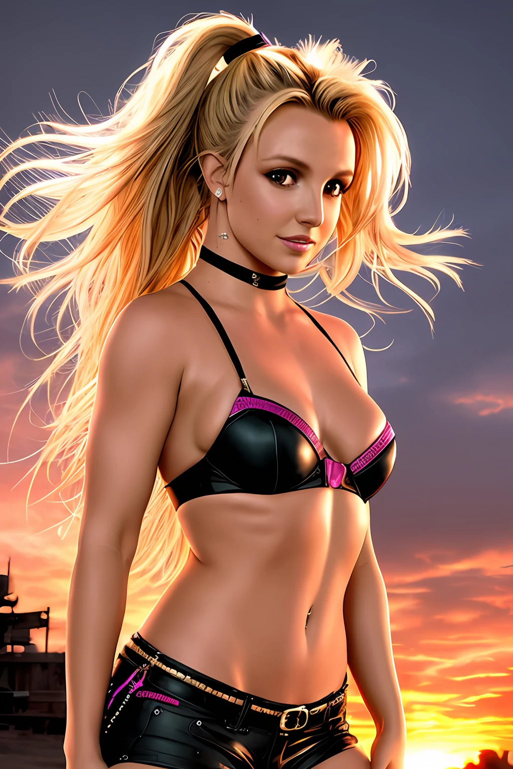 ((Britney Spears)), Mulher de 25 anos, (textura de pele mais realista: 1.2), textura natural da pele, penteado rabo de cavalo (assustado: 1.2), poses de kat sweets, inclinada, foto sexy, roupa e vestido, nvinkpunk Cidade cyberpunk detalhada , sunset light room