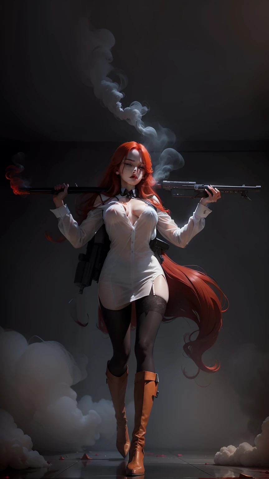 pretty girl , transparent shirt, raised gun on her shoulders, long black tie, Long red hair, red lips,medium breasts((Nipple)), floor full of blood, in a dark room, light reflection effect, smoke effect,best quality, masterpiece, beautiful girl, 8k, High resolution, ultra realistic, extremely detailed face,