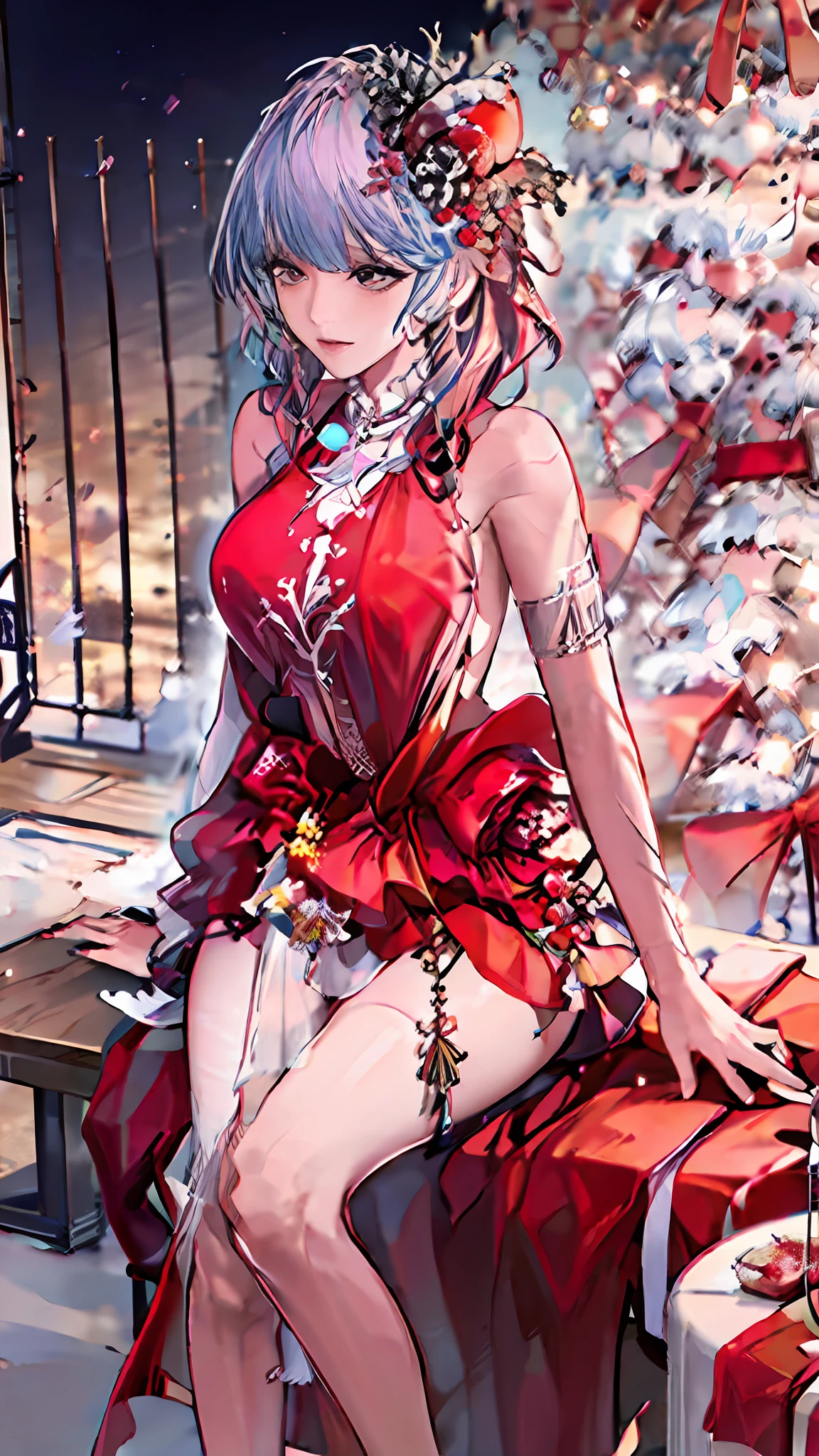 1girl, idol, yae miko, bare shoulders, lonh hair, pink hair, japanese style, sitting, ribbon_trim, 8k, high quality